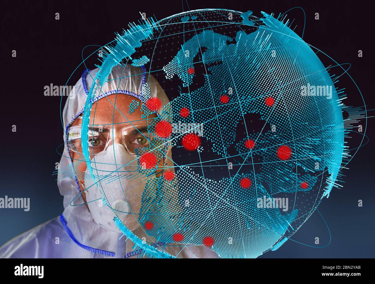 Retrato científico en la máscara de la gripe detrás de la pandemia mundial de coronavirus Foto de stock