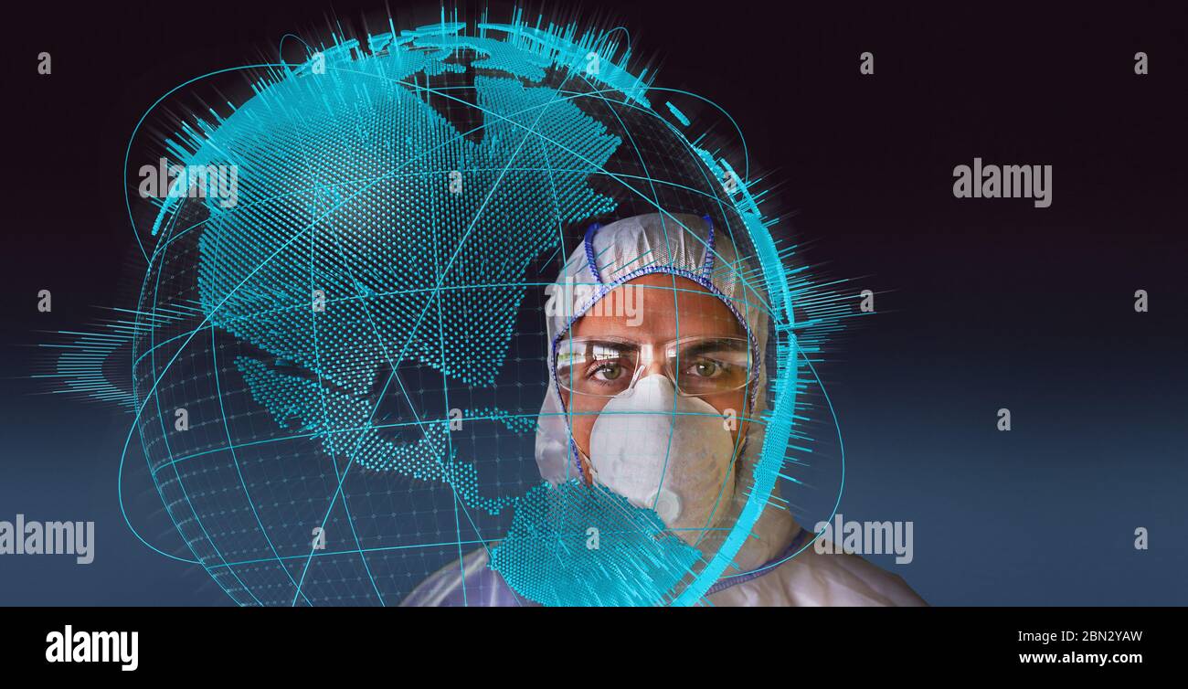 Retrato científico en traje limpio durante la pandemia de coronavirus global Foto de stock