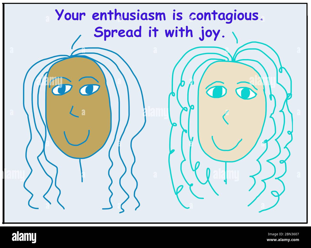 Dibujos animados de color de dos mujeres sonrientes y étnicamente diversas que están diciendo que su entusiasmo es contagioso, lo difunden con alegría. Foto de stock