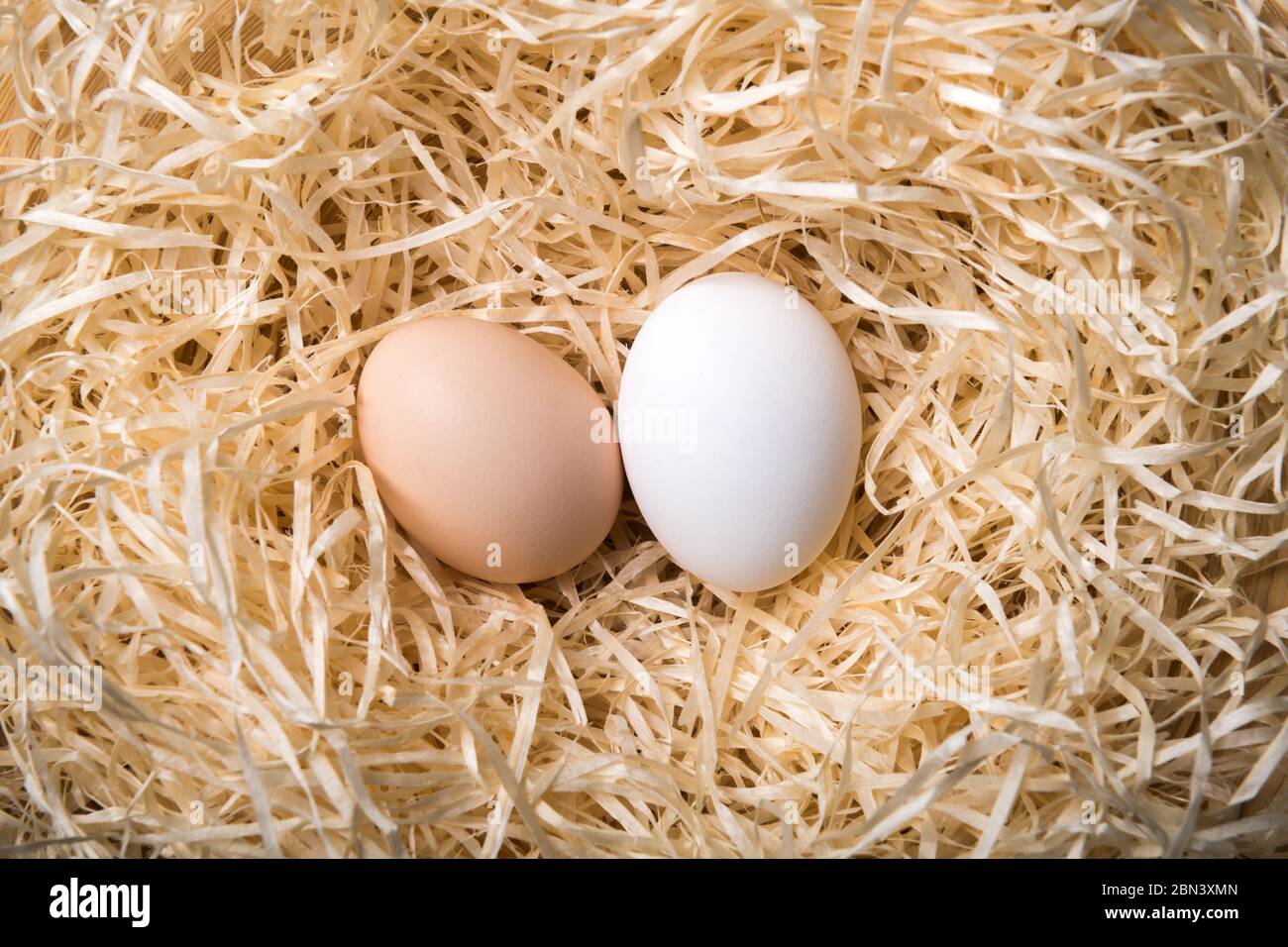 Huevos de pollo orgánicos en nido de primer plano. Fotografía de alimentos Foto de stock