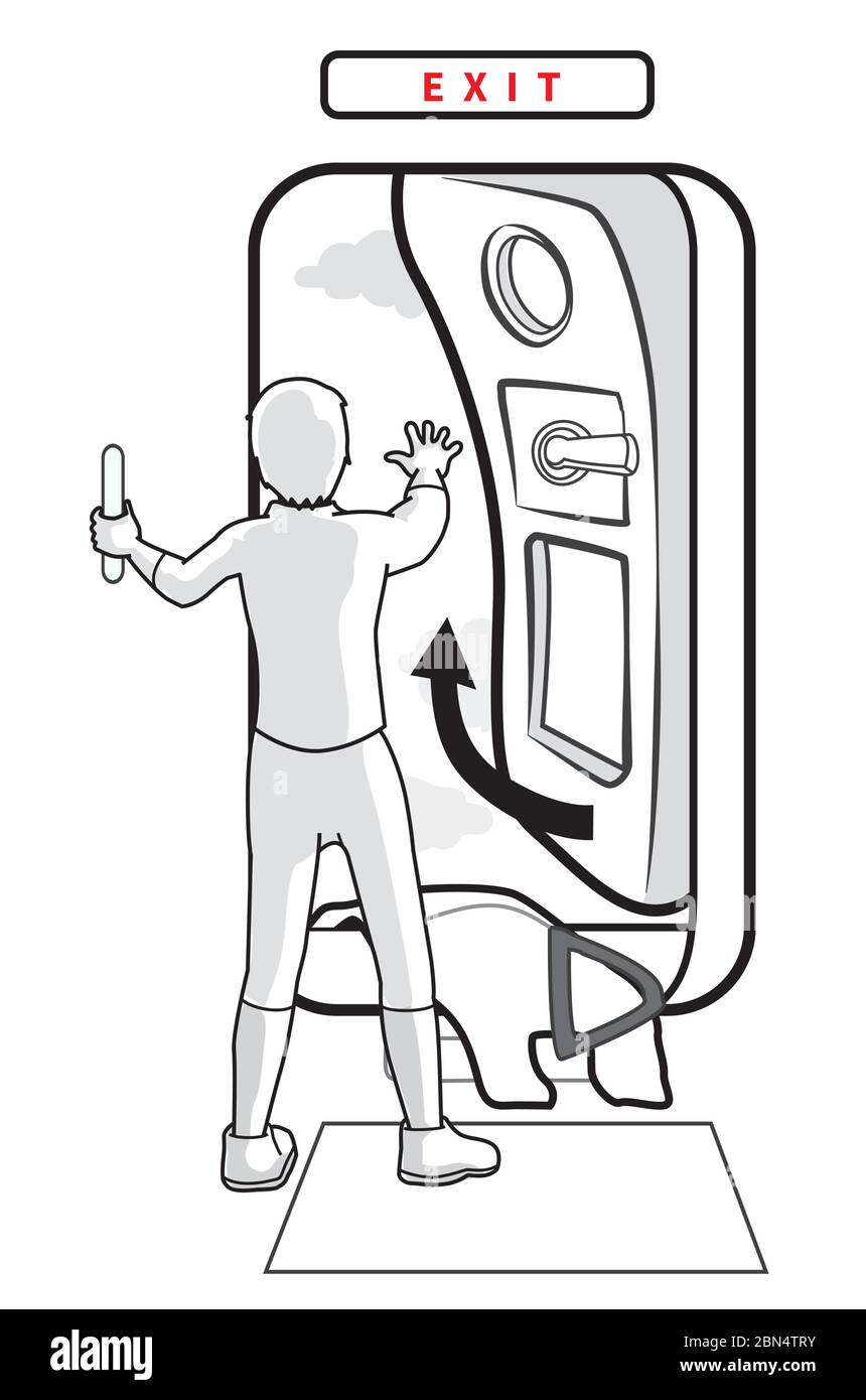 Ilustración para que las aerolíneas muestren cómo abrir y salir del avión en tiempo de emergencia en la puerta de emergencia de Cartoon vector Ilustración del Vector