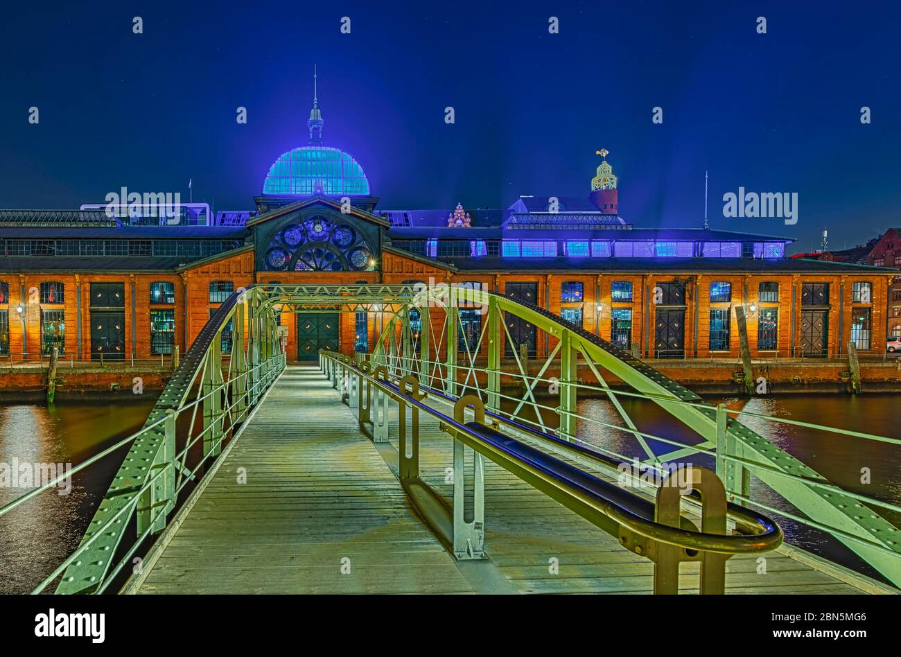 Puente sobre el Elba, centro de eventos, antigua sala de subastas de pescado, iluminado, tiro nocturno, Altona, Hamburgo, Alemania Foto de stock