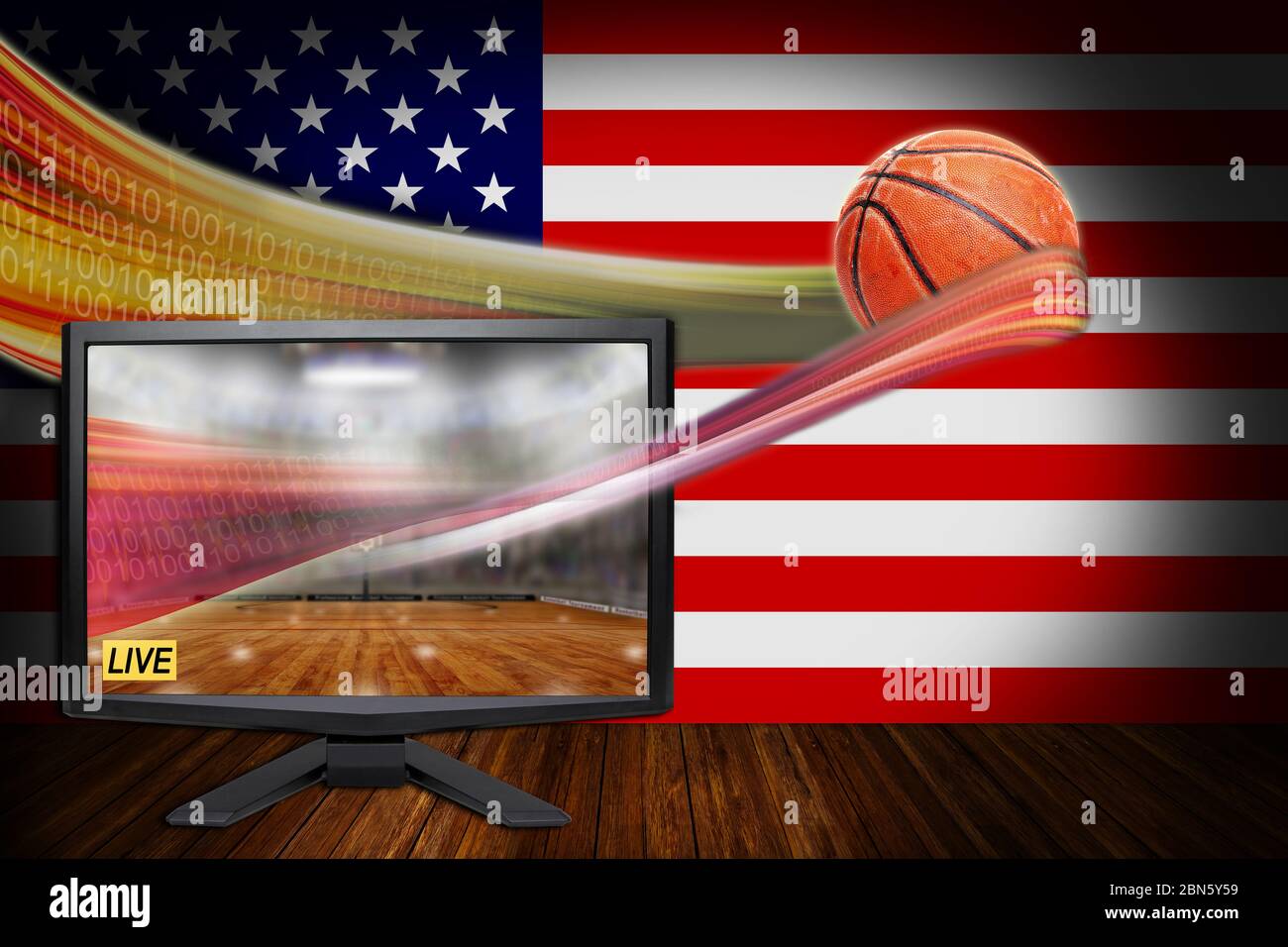 Deportes de baloncesto americano concepto en vivo con monitor de TV que  ilustra la última tecnología de transmisión de VR y real HD pelota en vuelo  Fotografía de stock - Alamy