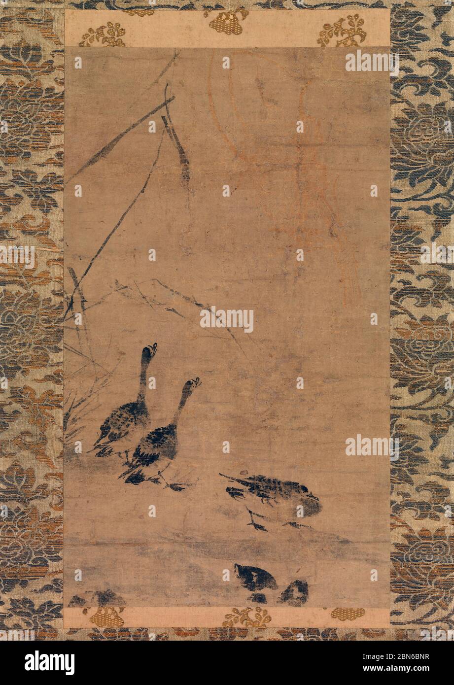 Japón: Gansos y cañas. Pintura de volutas colgando por un artista no identificado al estilo de Tesshu Tokusai (-1366), a finales del siglo 14. Tesshu Tokusai Foto de stock
