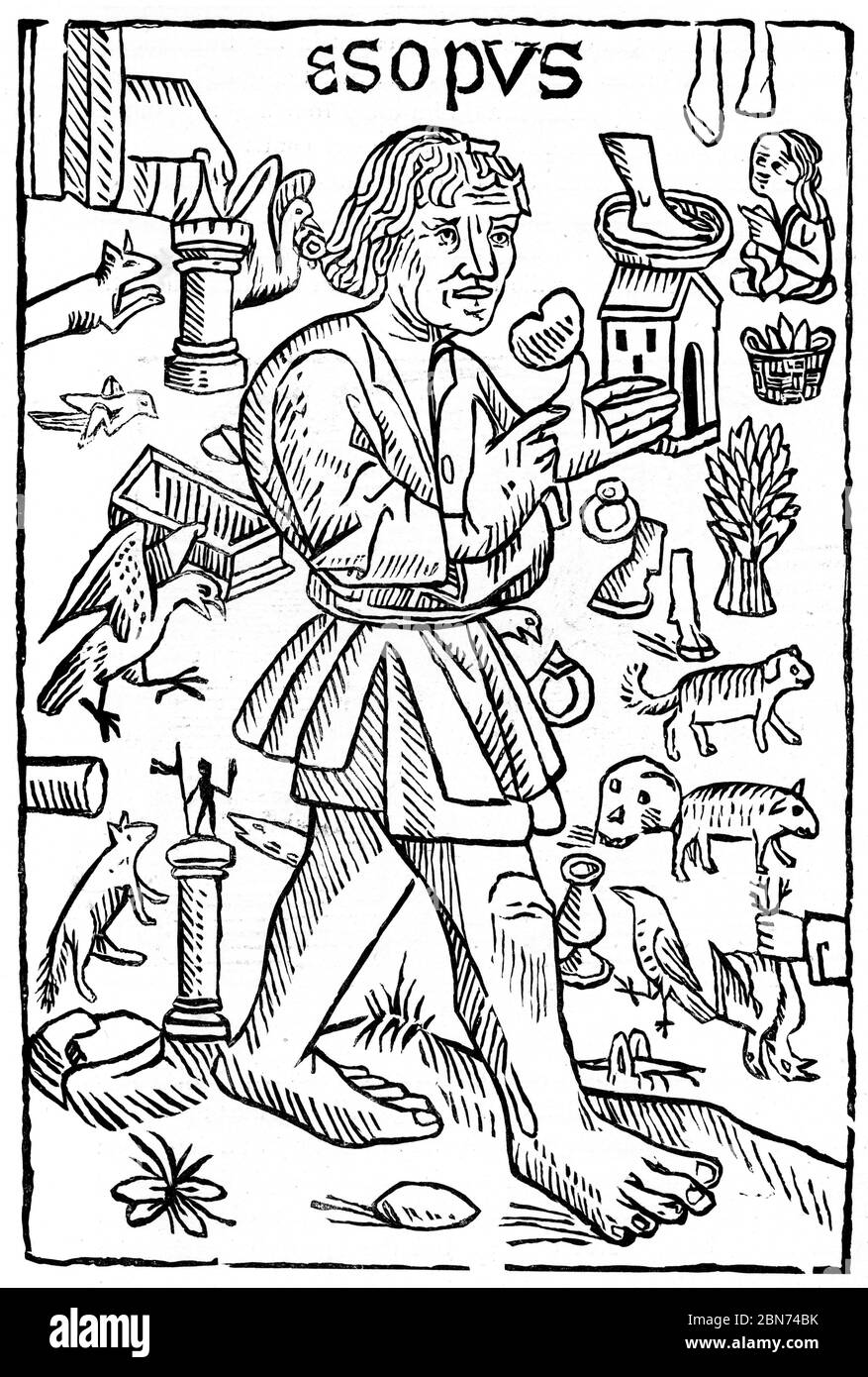 Aesop, 1484. Las fábulas de Aesop, o el Aesopica, es una colección de fábulas acreditadas a Aesop, un esclavo y narrador que se cree que vivió en la antigua Grecia entre 620 y 564 AC. Frontispicio de William Caxton (c1422-1491) Aesop's Fables, 1484. Foto de stock