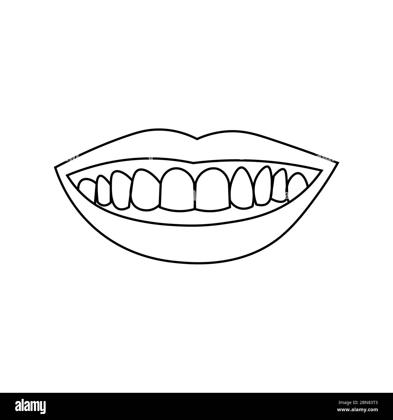 Labios sonrientes con dientes. Contorno negro sobre fondo blanco. La ilustración vectorial puede utilizarse en tarjetas de felicitación, carteles, volantes, banners, promociones, invitaciones, etc. EPS10 Ilustración del Vector