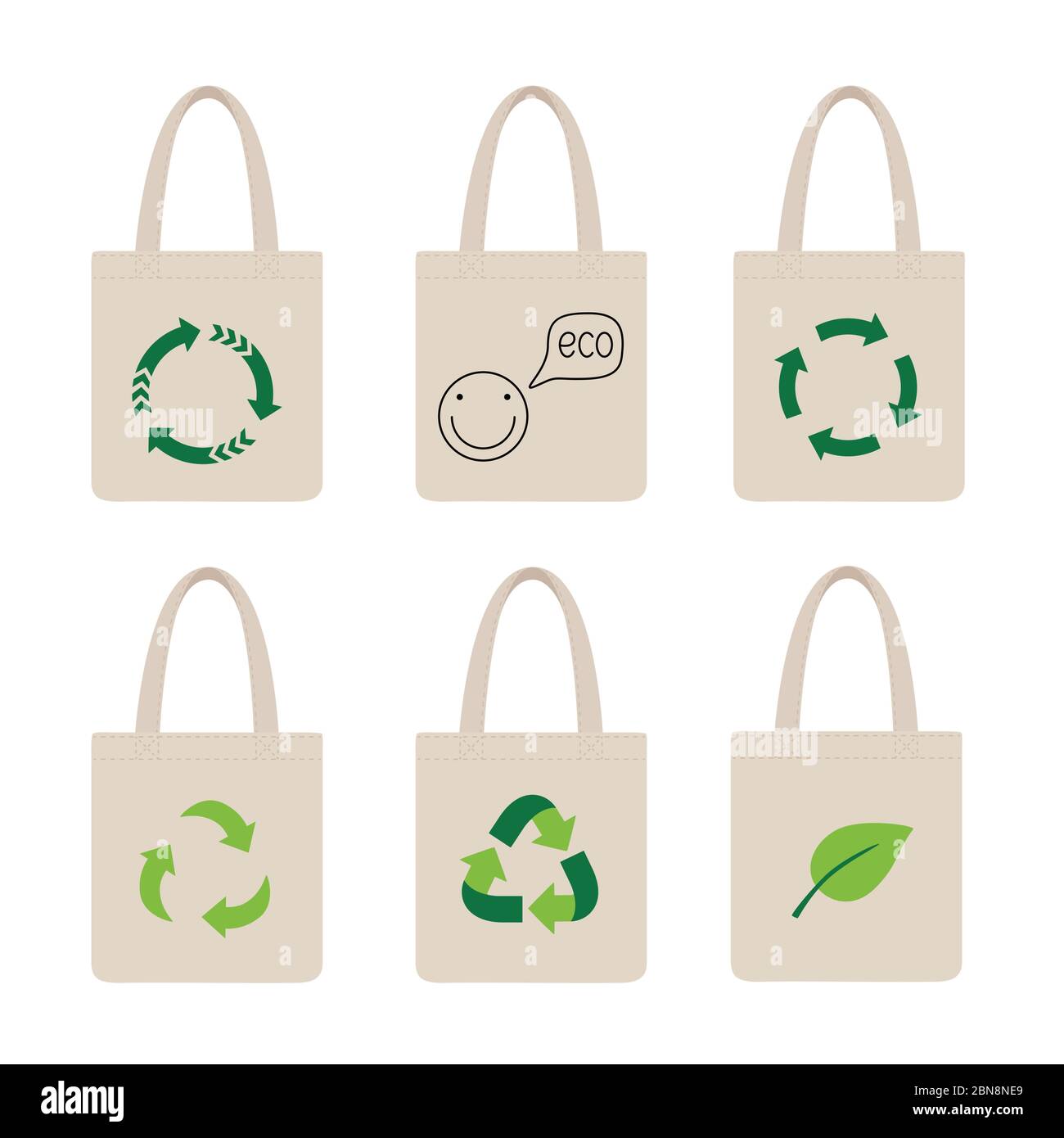 Ajuste bolsas ecológicas. Bolsa icono de reciclaje Imagen Vector stock -