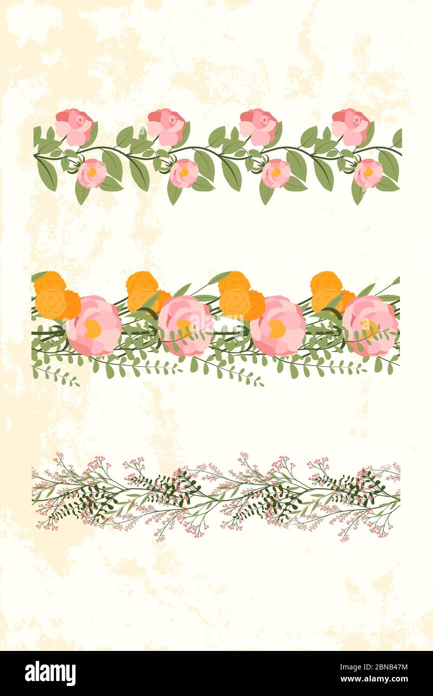 Diseño floral vectorial sin costuras de estilo primavera natural. Plantilla para borde y marco. Rosa rosa, peonía, diente de león amarillo, hoja verde y ramas de hojas. Ilustración del Vector