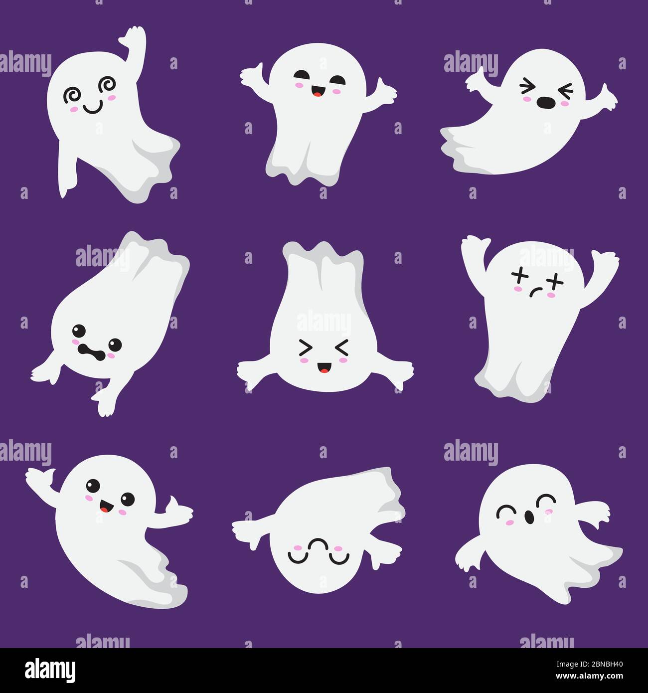 Lindo fantasma kawaii. Halloween personajes fantasmales y terroríficos. Ghost vector colección en estilo japonés. Ilustración de halloween fantasma se eleva, misteriosa mosca fantasmal Ilustración del Vector