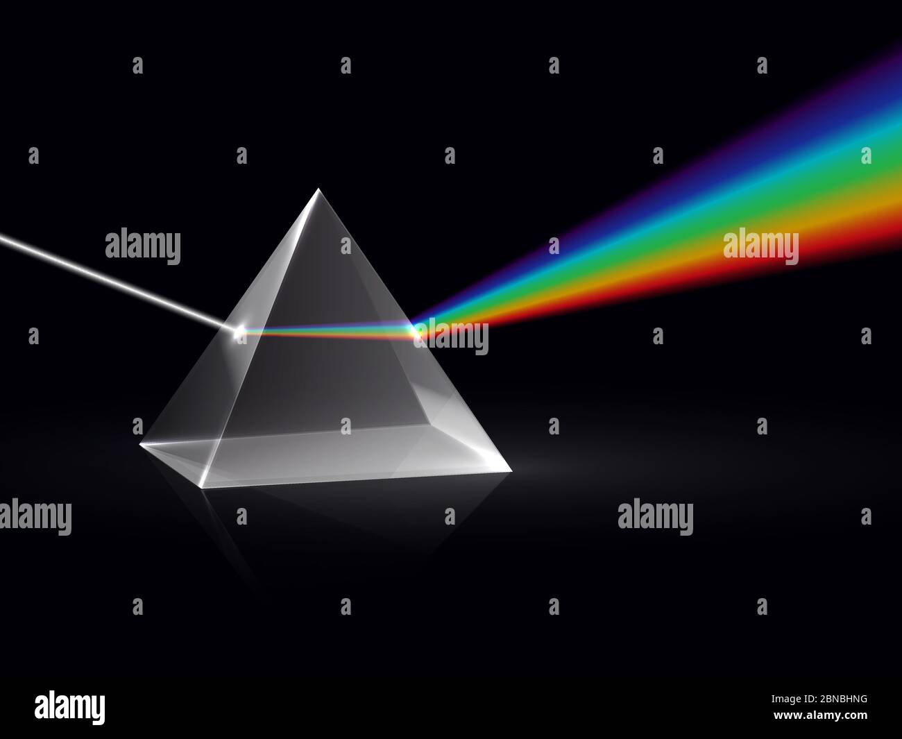 Rayos de luz en el prisma. Efecto óptico de dispersión del espectro del  arco iris del rayo en el prisma de cristal. Formación física vector  antecedentes. Ilustración de la luz del espectro
