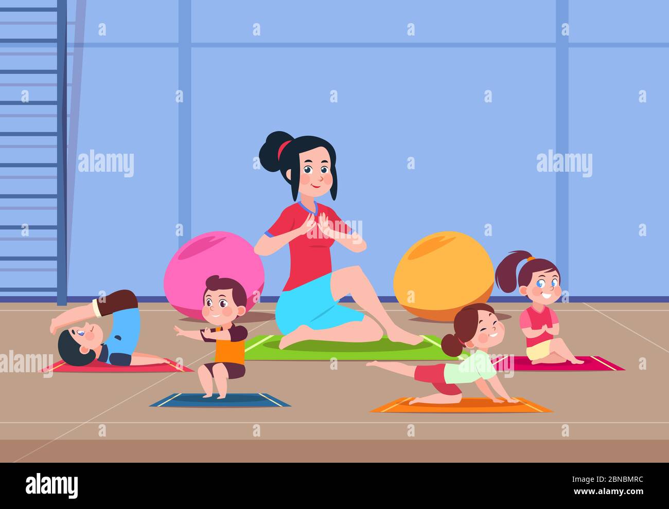 Niños en clase de yoga. Niños de dibujos animados con instructor haciendo ejercicios de yoga en el interior del gimnasio. Concepto de vector de estilo de vida saludable. Ilustración de la clase Niños en clase de yoga. Niños de dibujos animados con instructor haciendo ejercicios de yoga en el interior del gimnasio. Concepto de vector de estilo de vida saludable. Ilustración de la clase
