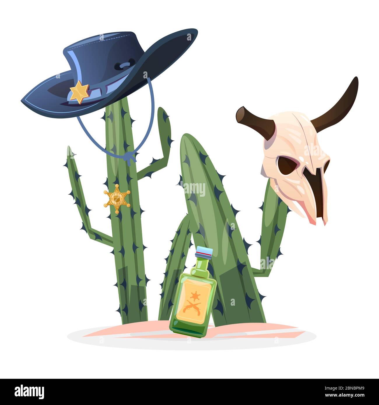 Ilustración de vector de dibujos animados del oeste salvaje. Cactus toro cráneo, bebida aislada sobre fondo blanco Ilustración del Vector