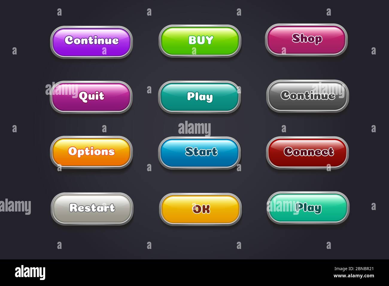 Botones de dibujos animados. Elementos de iu de videojuegos de colores.  Reiniciar y continuar, iniciar y reproducir botón establecer. Ilustración  de la web de juegos, botón gui para el menú Imagen Vector