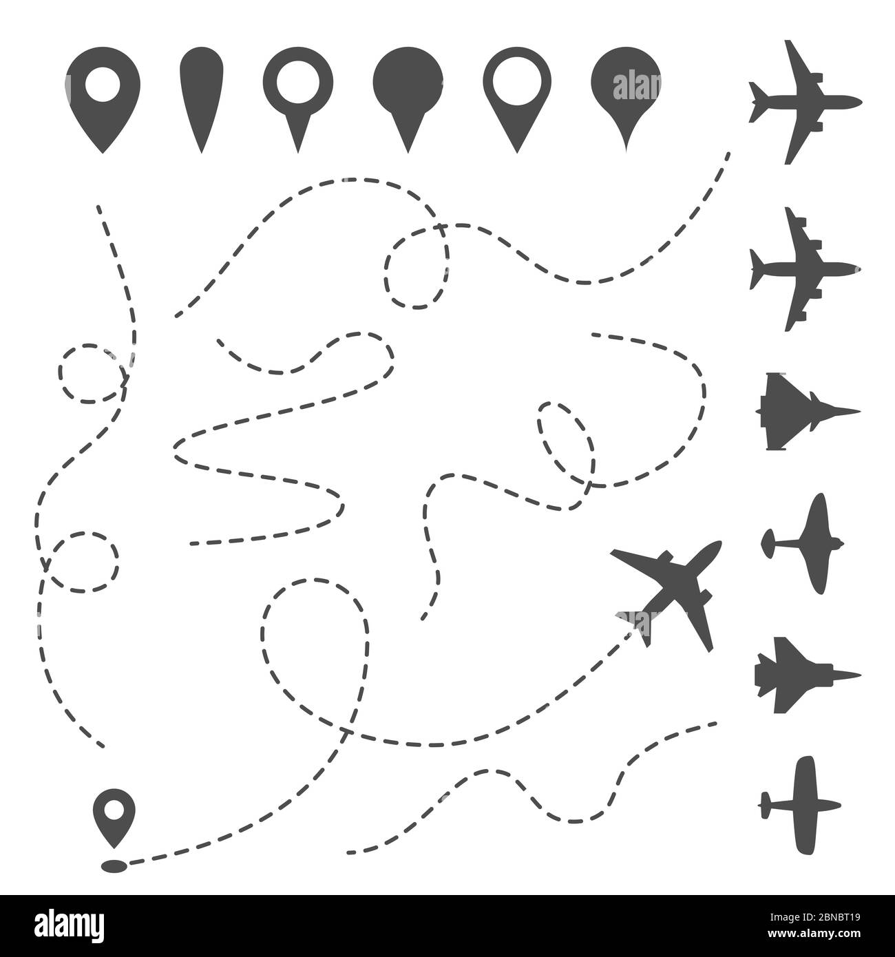 Trayecto de línea de plano. Ruta direccional del avión, ruta punteada del mapa y dirección de la mosca. Aviones y símbolos de vectores de alfileres. Ruta de movimiento de avión, ilustración de ruta de silueta de avión Ilustración del Vector