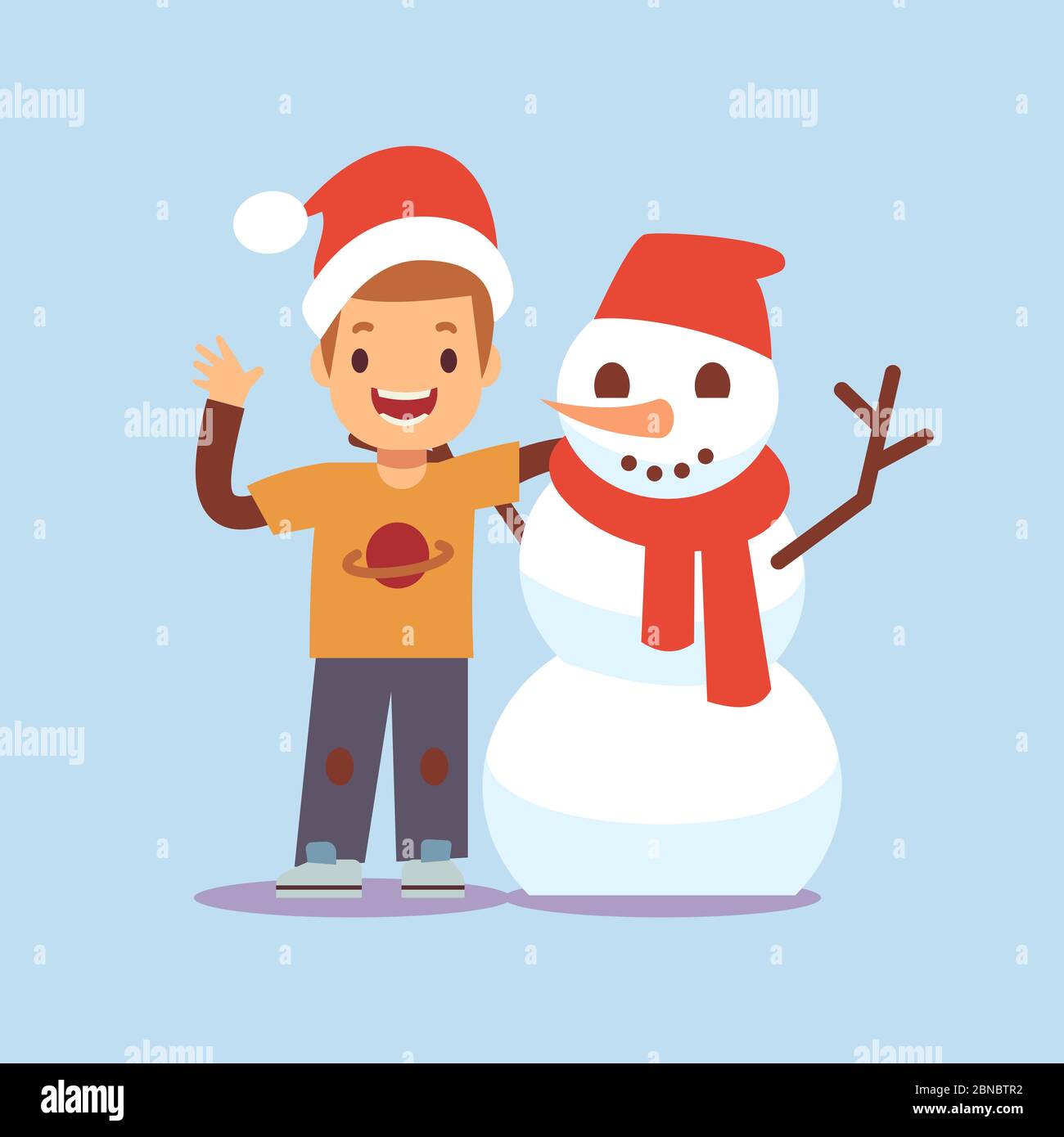 Feliz chico y muñeco de nieve. Navidad fiesta dibujos animados personajes vector ilustración aislada en azul Ilustración del Vector