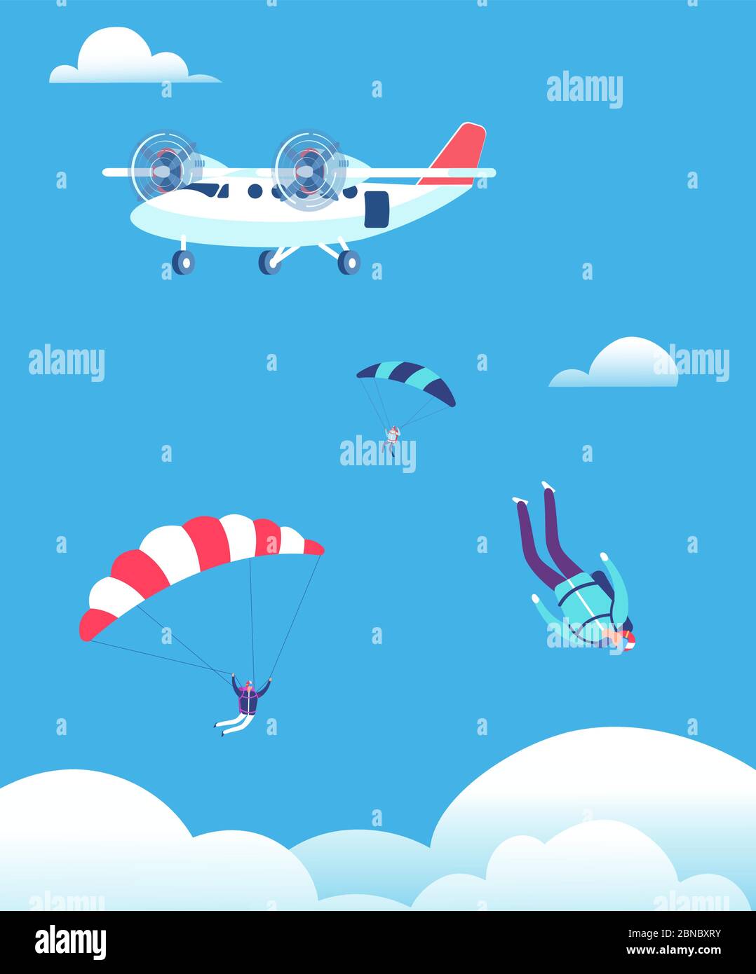 Concepto de paracaidismo. Paracaidistas saltando del avión en el cielo azul. La gente se salpana ilustración vectorial. Paracaidismo paracaidista, salto paracaidista Ilustración del Vector