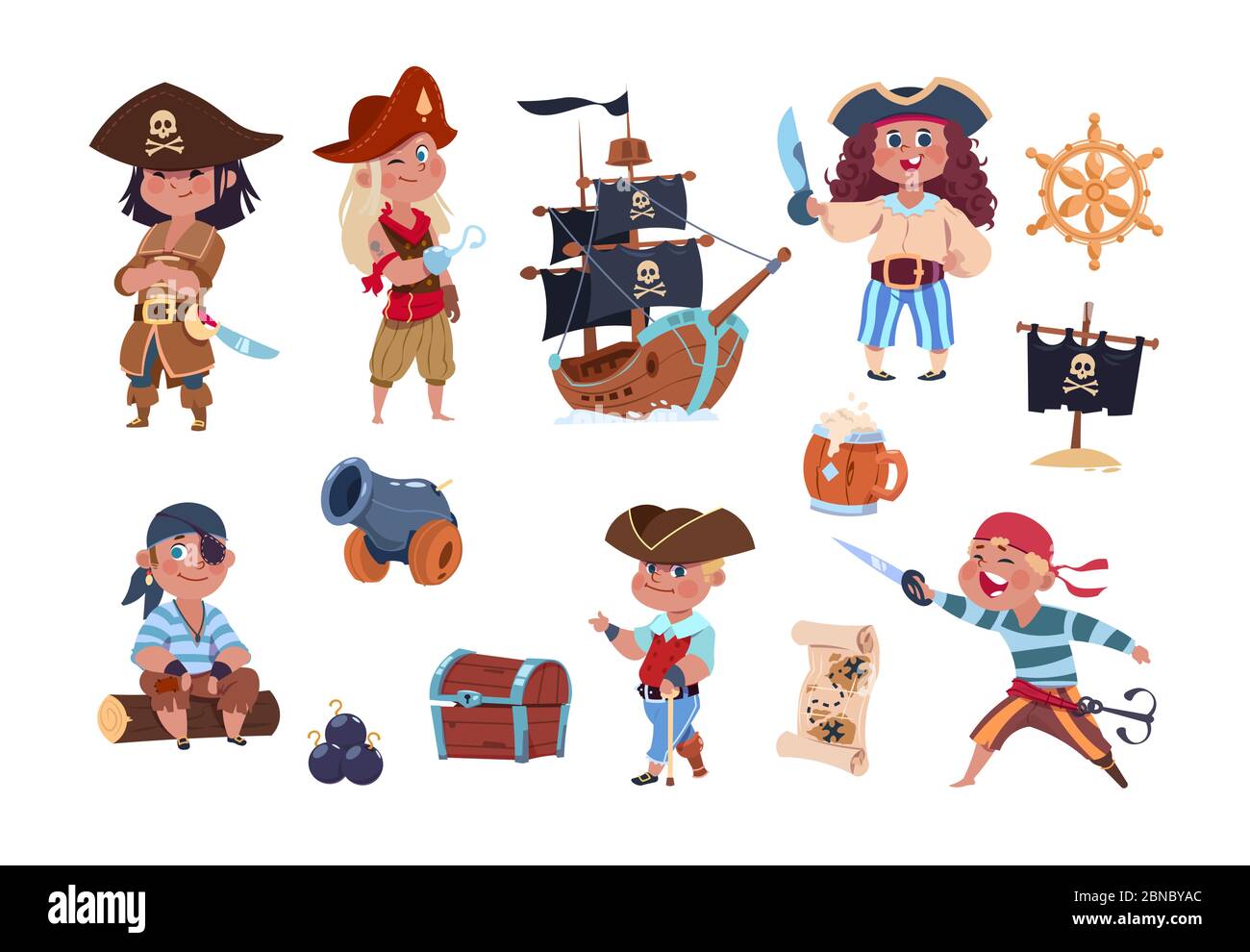 Piratas de dibujos animados. Capitán pirata divertido y personajes marinistas, barco mapa de tesoros colección de vectores. Capitán de barco, niños piratas ilustración Ilustración del Vector