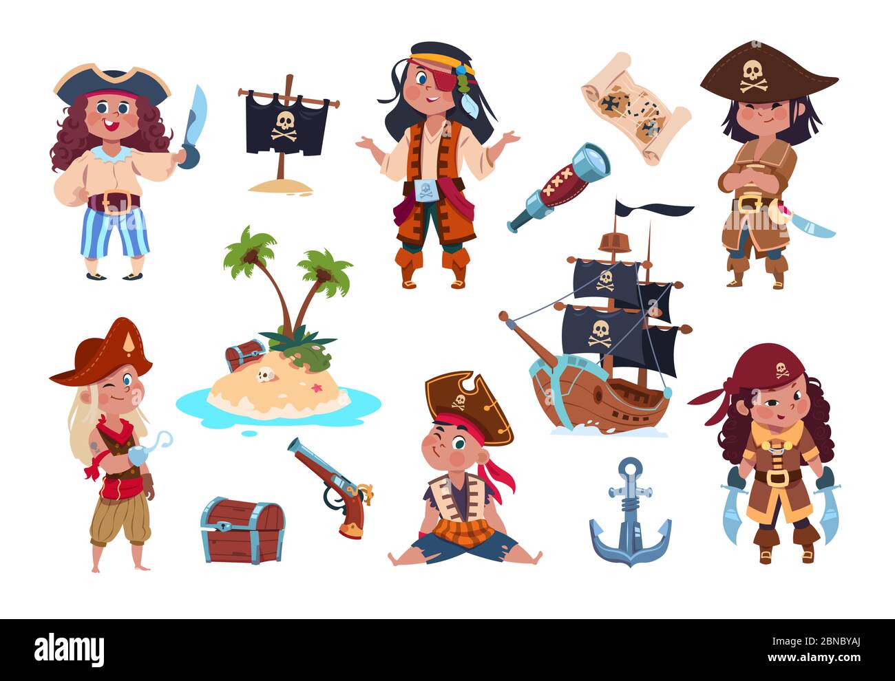 Personajes piratas. Dibujos animados niños piratas, marineros y capitán vector aislado conjunto. Capitán y pirata marinero, niño con espada y gancho ilustración Ilustración del Vector