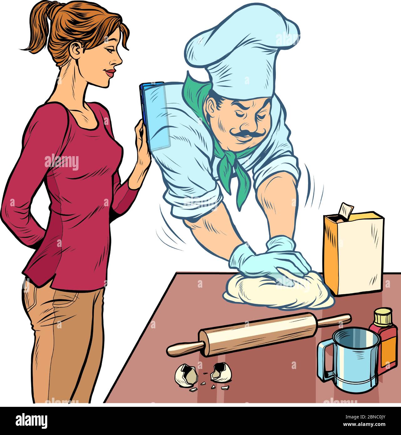 Una mujer cocina en la cocina. Un cocinero profesional le ayuda a través de la aplicación de cocina Ilustración del Vector