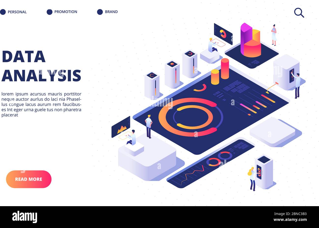 Concepto de análisis de datos. Equipo de negocios construye infografía digital con tablero, gráficos y diagramas. Diseño vectorial de página de inicio. Ilustración de análisis de datos, gráfico e infografía Ilustración del Vector