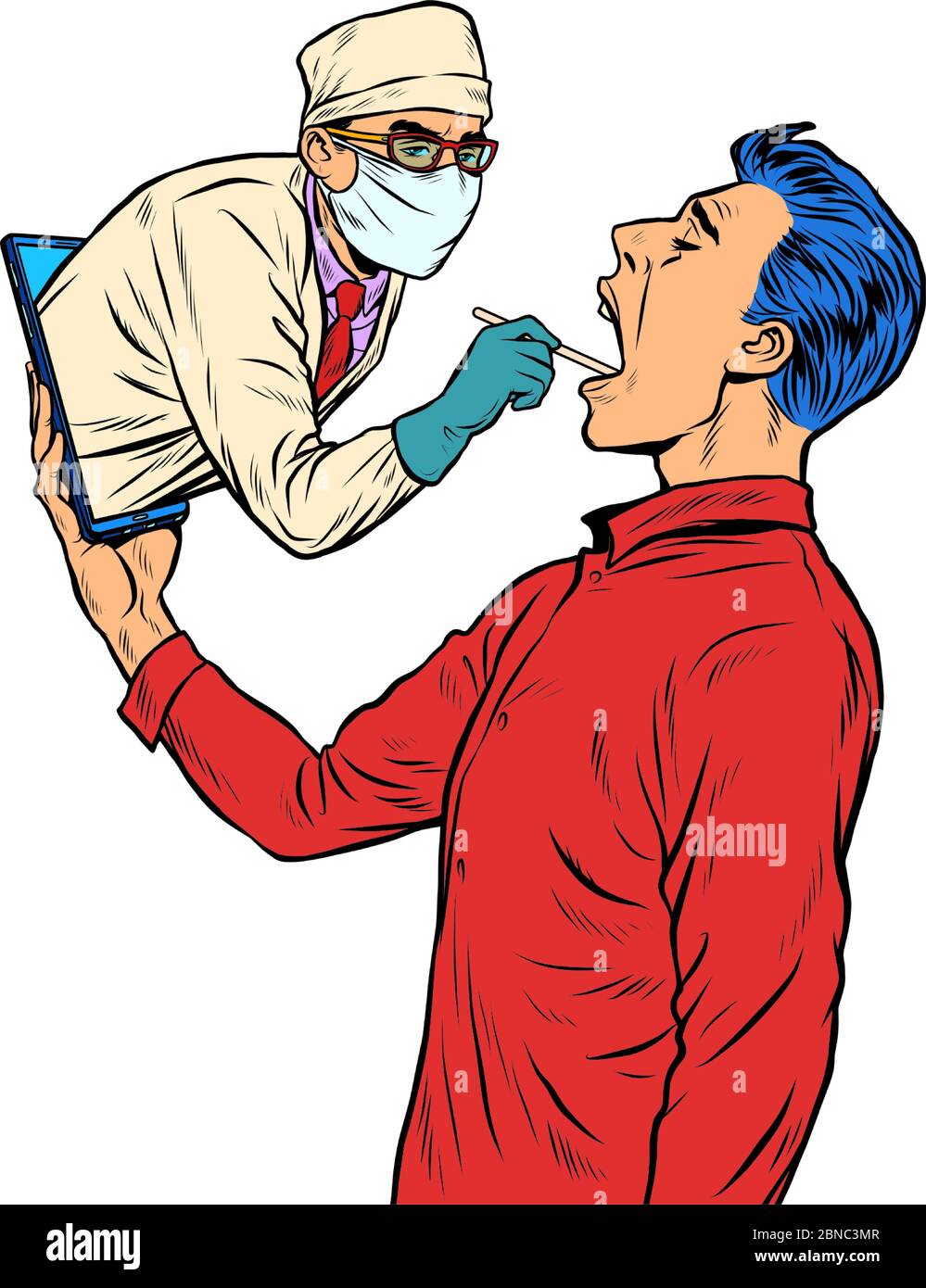 ayuda en línea para el trabajo remoto. el médico toma un hisopo de la garganta Ilustración del Vector