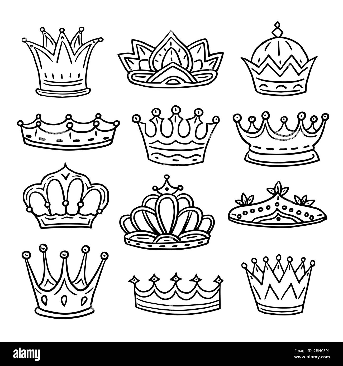 Coronas sacadas a mano. Rey, corona de fideos de la reina y princesa tiara.  Vintage real bosquejo aislado iconos de vectores. Dibujo de la corona para  el rey y la princesa, reina