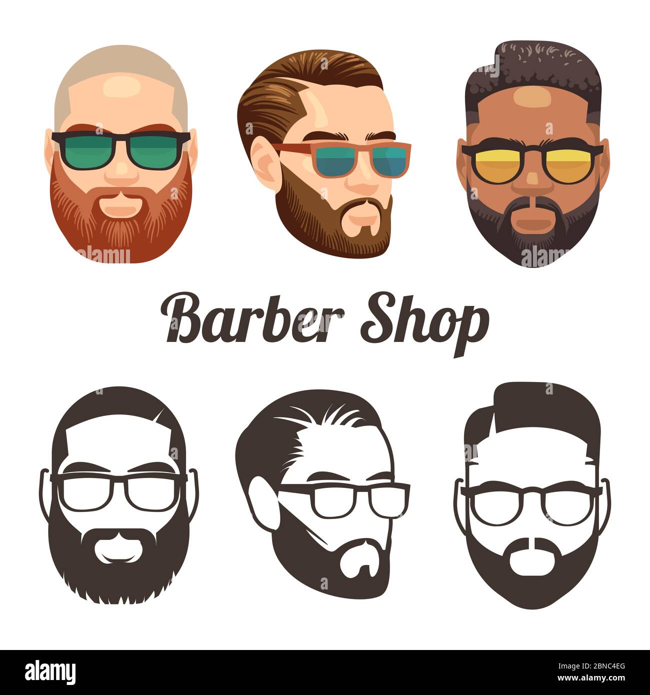 Dibujos animados barbershop y logotipos vectoriales con elegantes hipster  hombres aislados en la ilustración blanca Imagen Vector de stock - Alamy