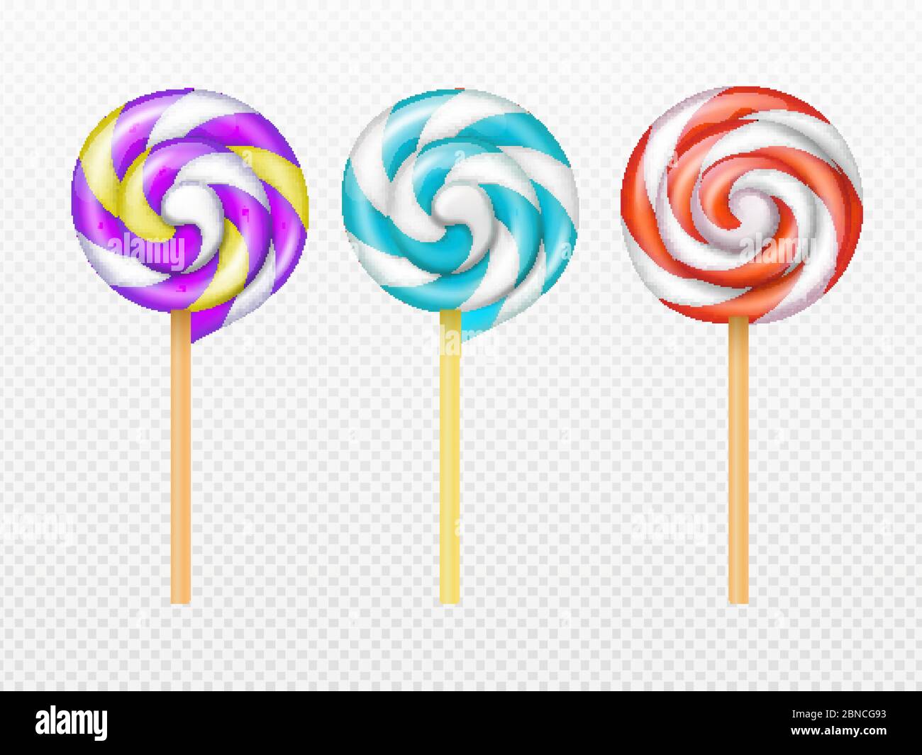 Vector de piruletas de remolino realista aislado sobre fondo blanco. Ilustración de un caramelo de lollipop y lolly, una espiral de momias Ilustración del Vector