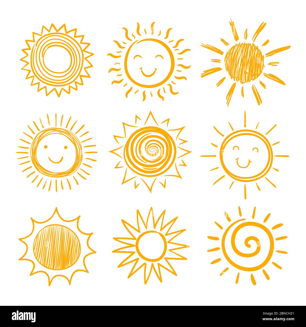 Iconos de sol de croquis. Luz solar arrastrada a mano. Amanecer de verano por la mañana. Símbolos de calentamiento vectorial de fideos aislados. Ilustración de un boceto de sol soleado Ilustración del Vector