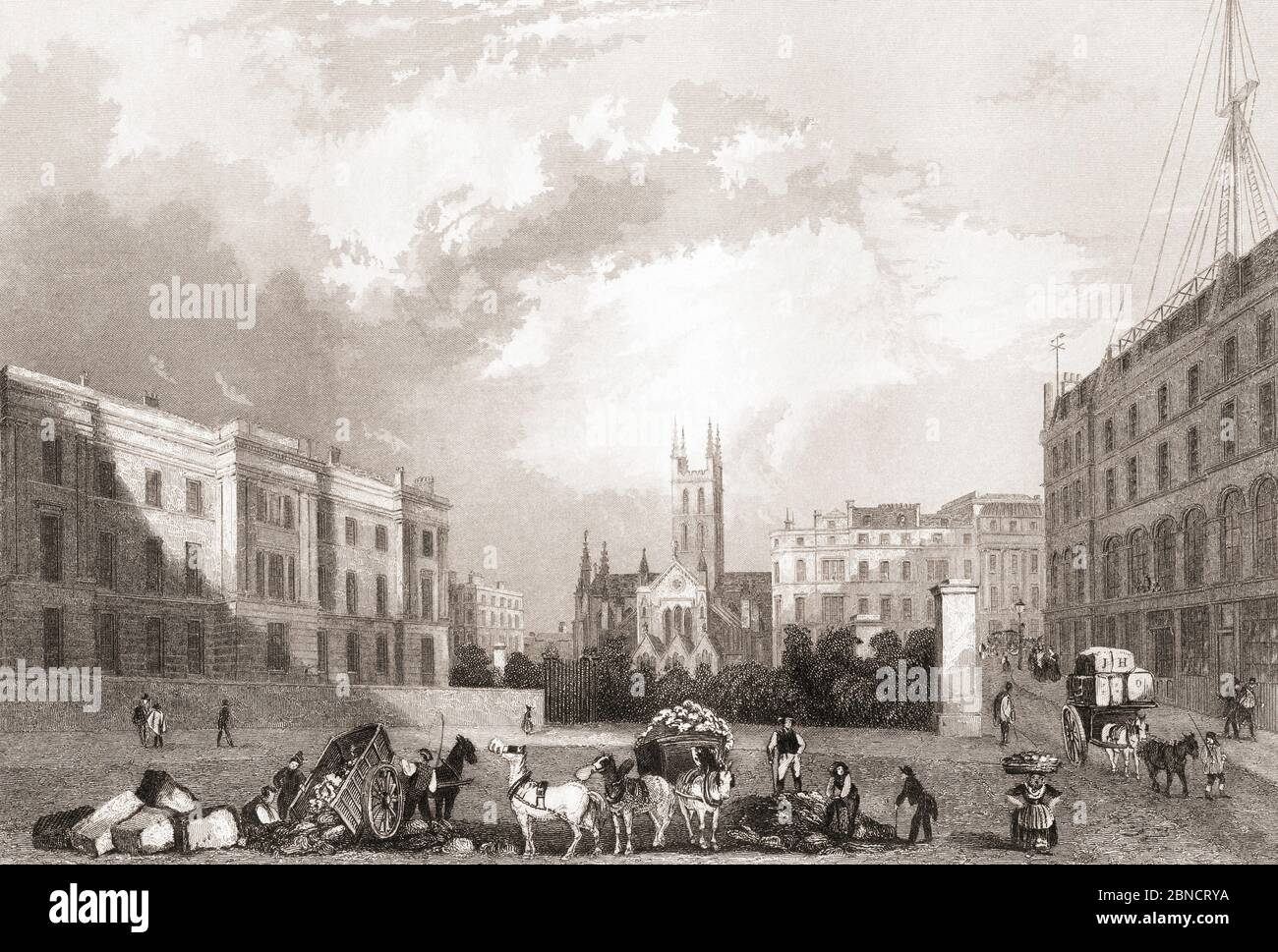 Iglesia de Southwark, Southwark, Londres, Inglaterra, siglo 19. De la Historia de Londres: Ilustrado por views en Londres y Westminster, publicado c.1838. Foto de stock