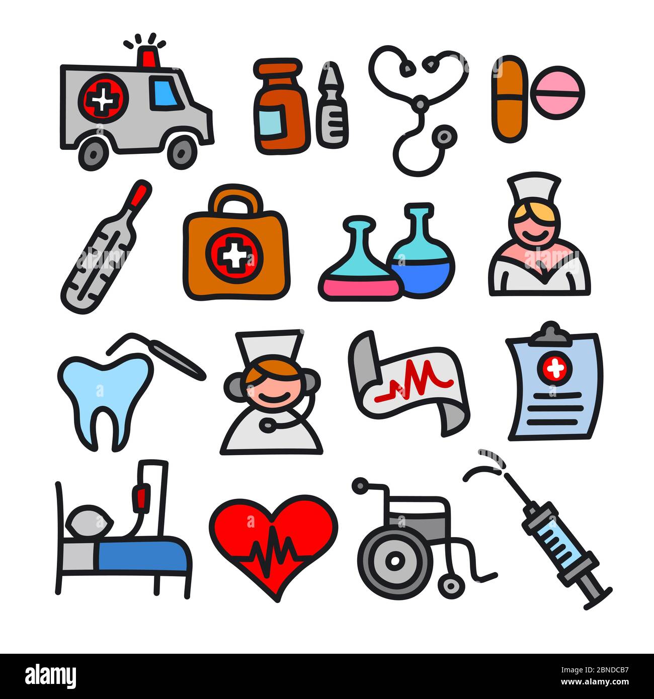 ilustración conjunto de dibujos animados negro contornos iconos de medicina  Imagen Vector de stock - Alamy