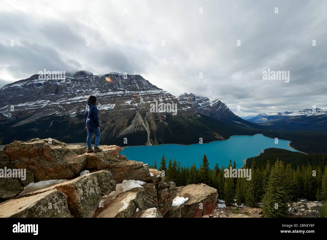 Chica disfrutando de la vista en una caminata en el Lago Peyto, Parque Nacional Banff Foto de stock
