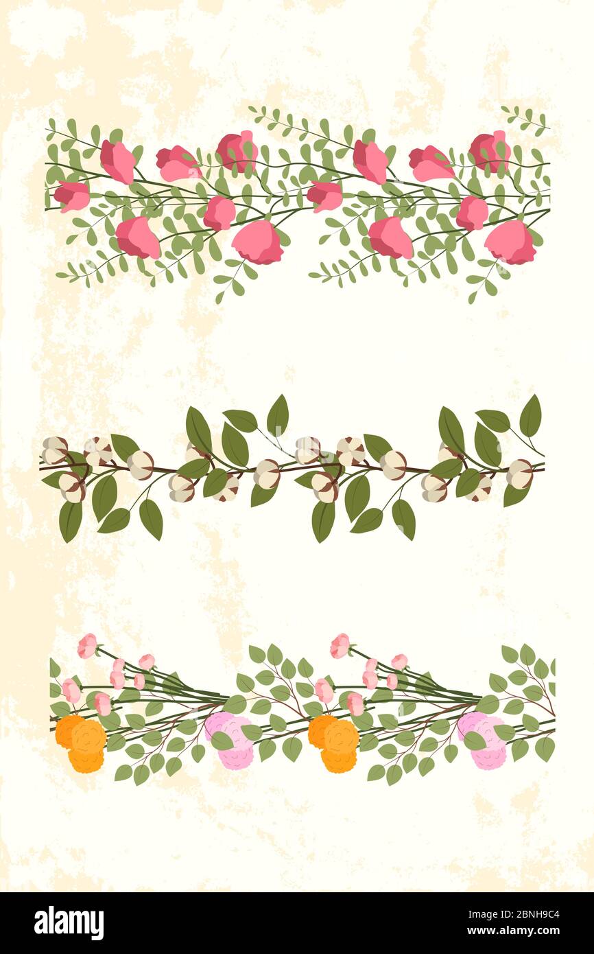 Borde floral vectorial sin costuras. Seet arveja flor, flores rosas ramo, rama de algodón, hojas verdes. Diseño para papel, textil, tarjeta de felicitación, tela. Ilustración del Vector