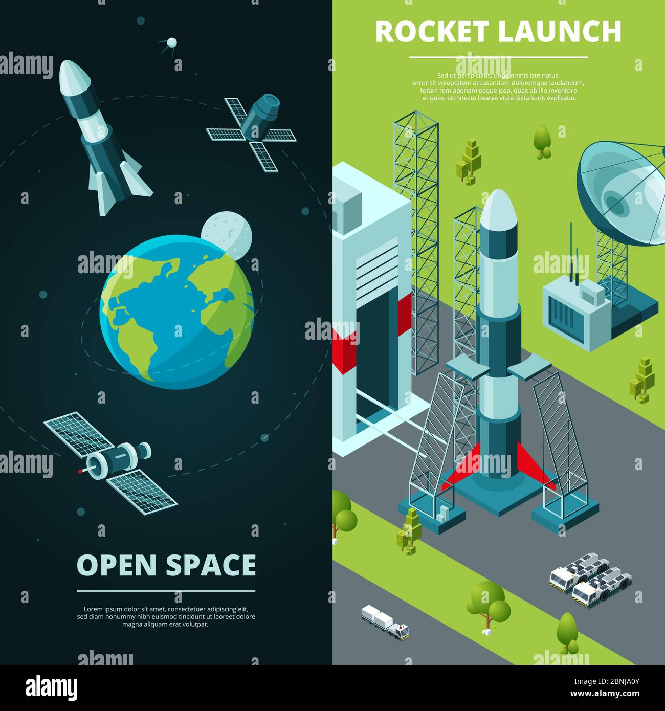 Banners verticales con imágenes de viajes espaciales y plataforma de lanzamiento en el espacio Ilustración del Vector