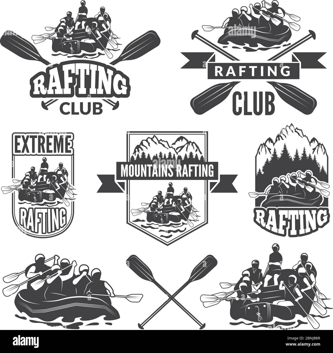 Etiquetas para el club deportivo de deportes acuáticos extremadamente peligrosos. Imágenes vectoriales de rafting Ilustración del Vector