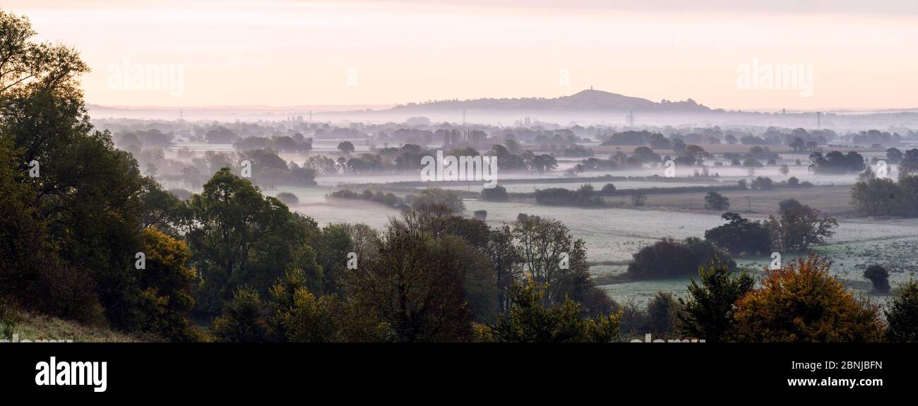 Temprano en la mañana niebla sobre bajas niveles de Somerset, Glastonbury Tor en distancia, Somerset, Reino Unido, octubre de 2015 Foto de stock
