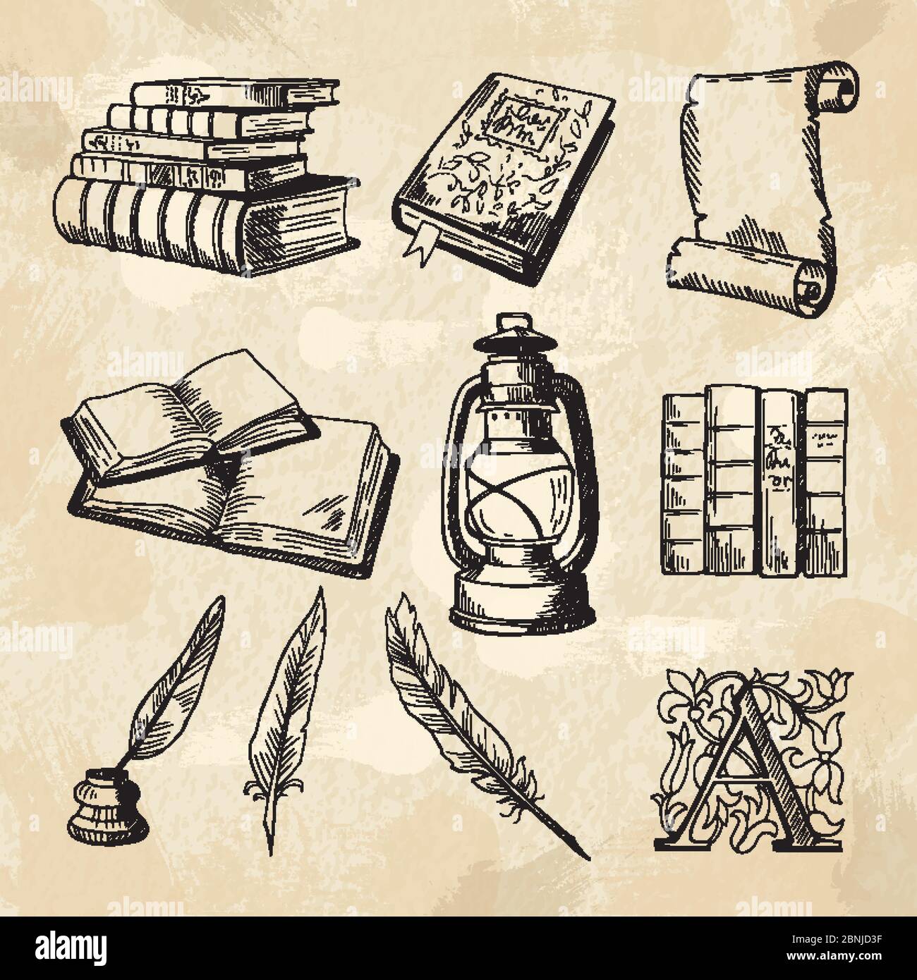 Literatura concepto de imágenes. Libros de dibujos de manos vintage y  diferentes herramientas para escritores Imagen Vector de stock - Alamy
