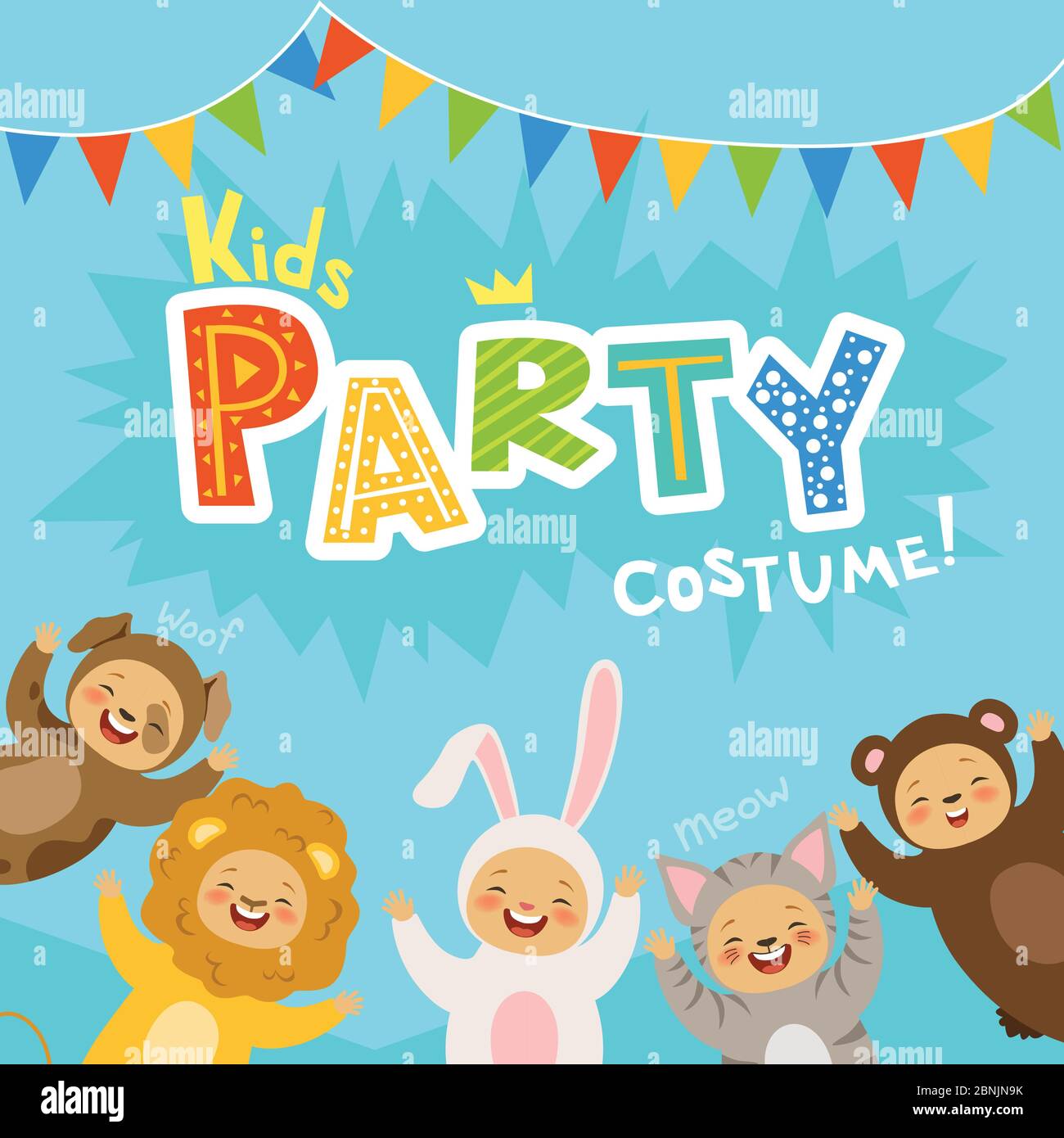 Invitación de fiesta con ilustraciones de niños felices en trajes de carnaval de animales Ilustración del Vector