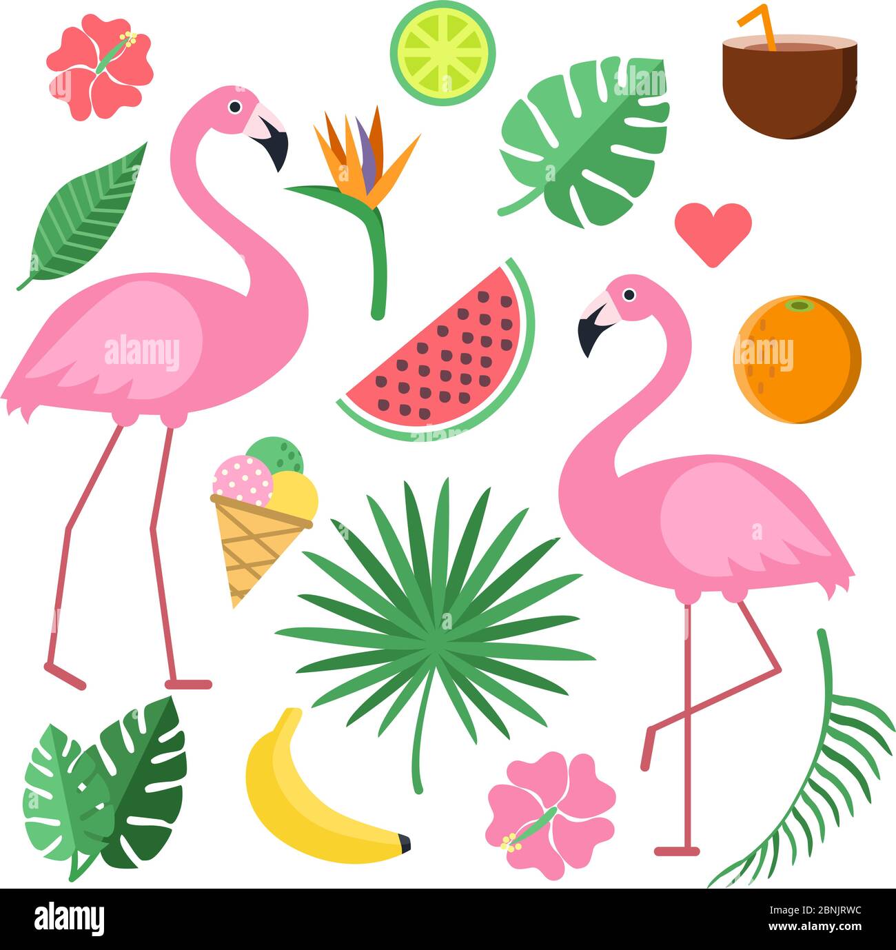 Ilustraciones con símbolos de verano. Frutas tropicales y flores Ilustración del Vector