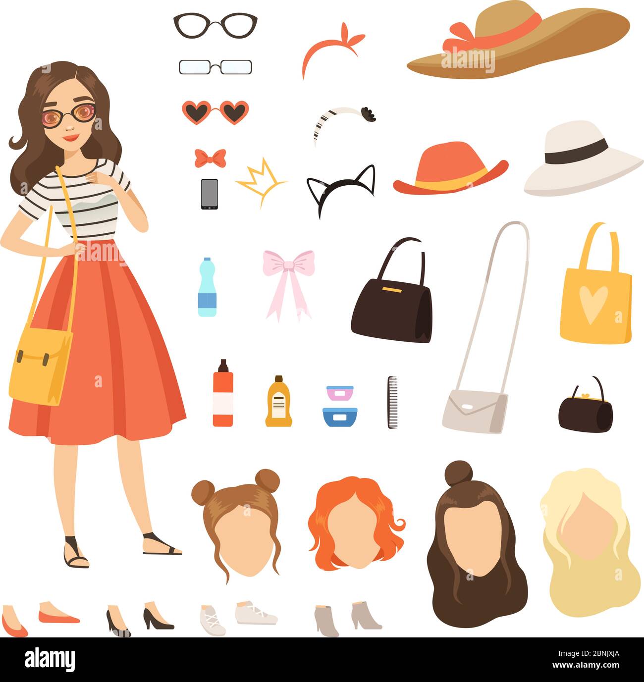 Ropa de chica de moda. Personaje de dibujos animados con diversos  accesorios de moda y ropa Imagen Vector de stock - Alamy