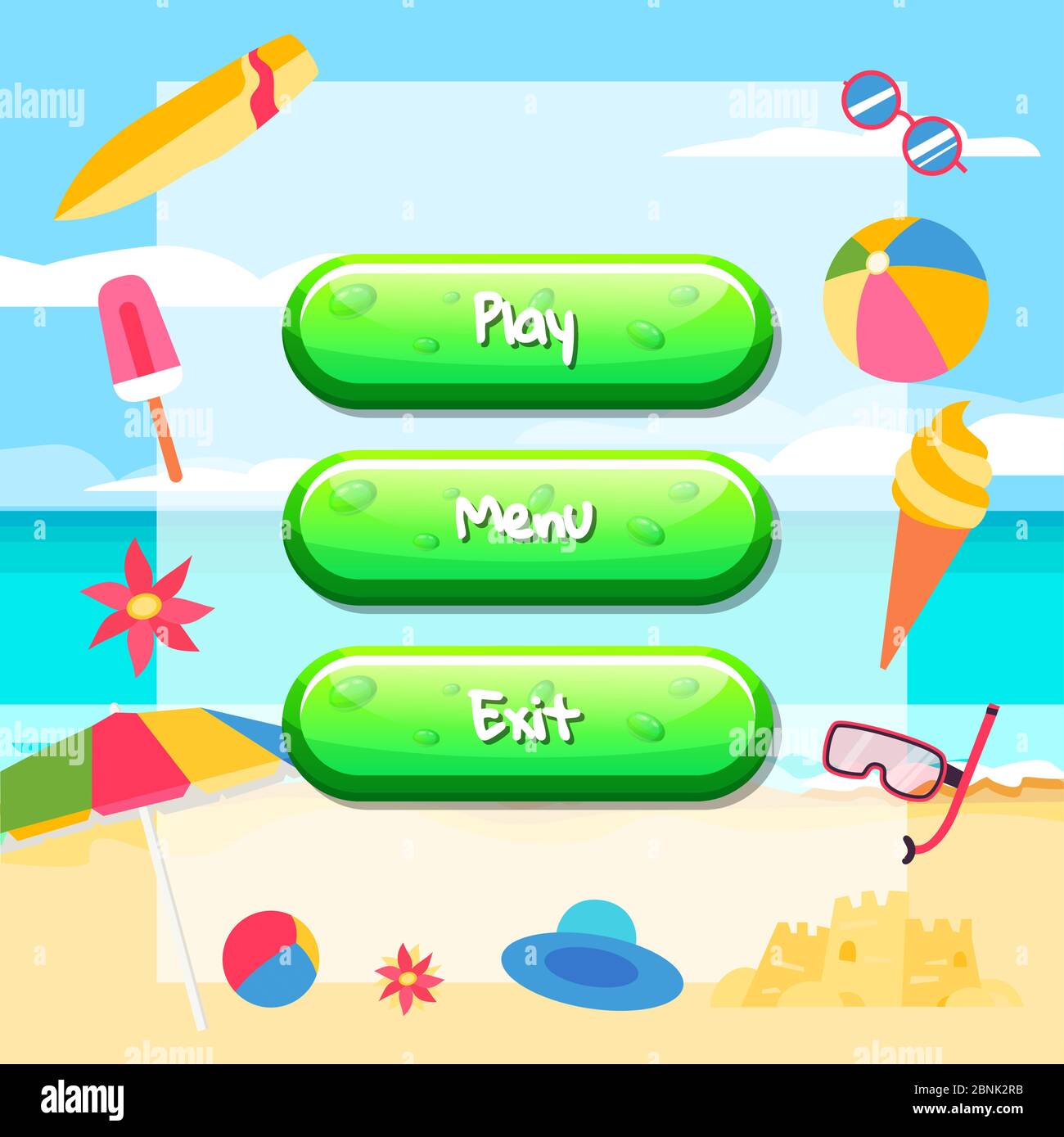 Botones de estilo de dibujos animados vectoriales con texto para el diseño  de juegos sobre fondo de playa con helado, tabla de surf, pelota Imagen  Vector de stock - Alamy