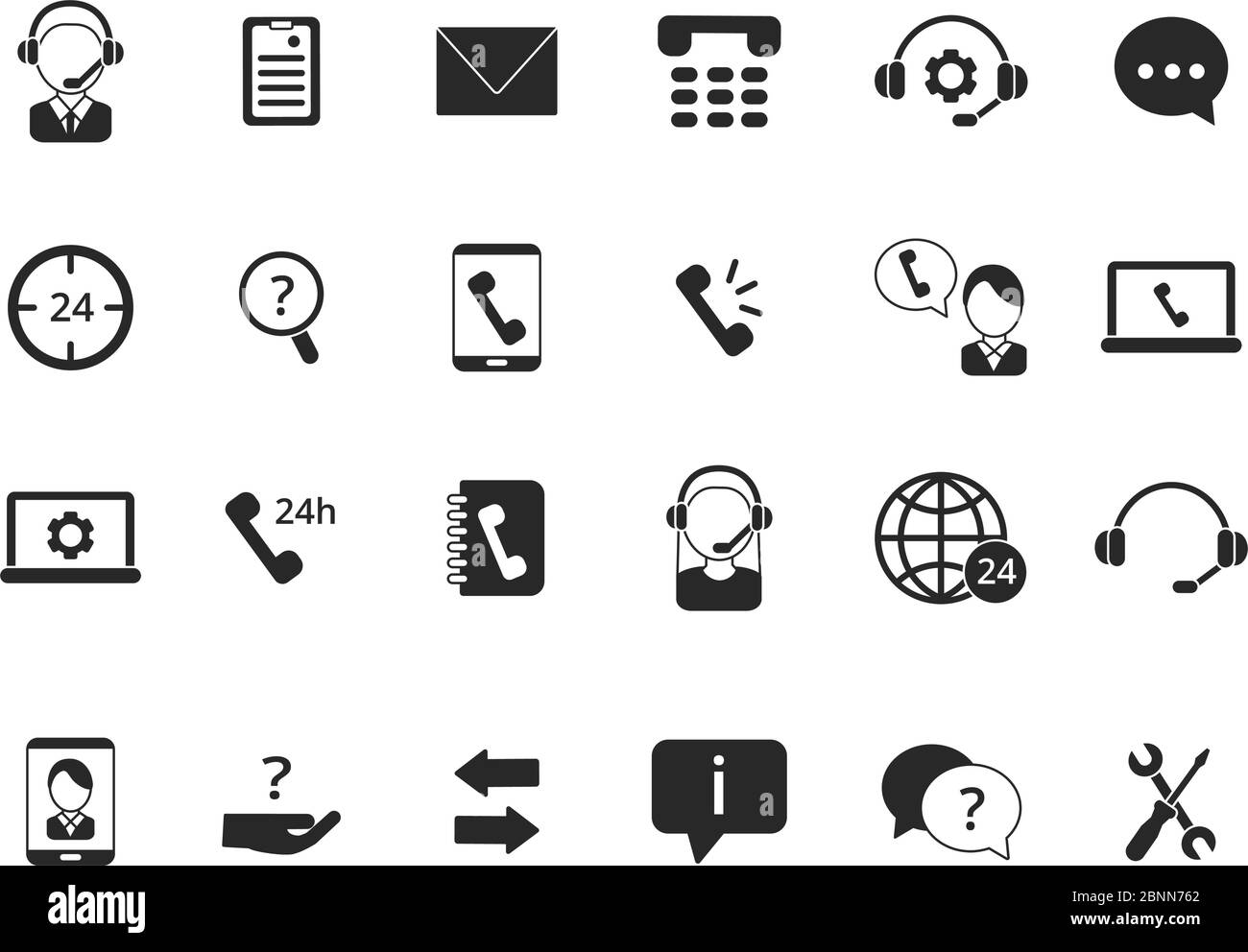 Símbolos negros de soporte en línea. Conjunto de iconos del centro de llamadas aislado en blanco Ilustración del Vector