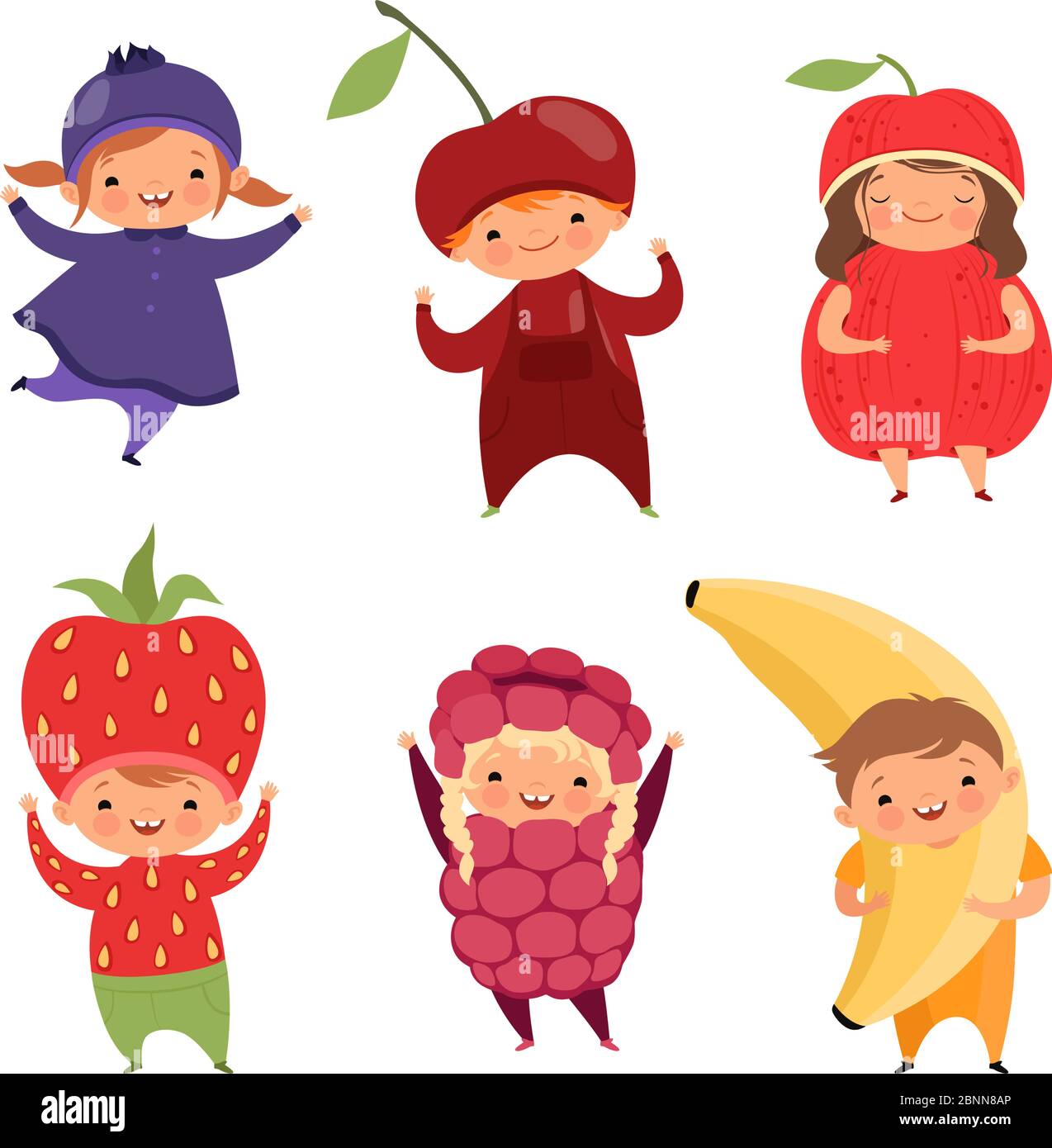 Trajes de frutas. Ropa de Carnaval para niños. Niños divertidos vestidos de  frutas sobre blanco Imagen Vector de stock - Alamy