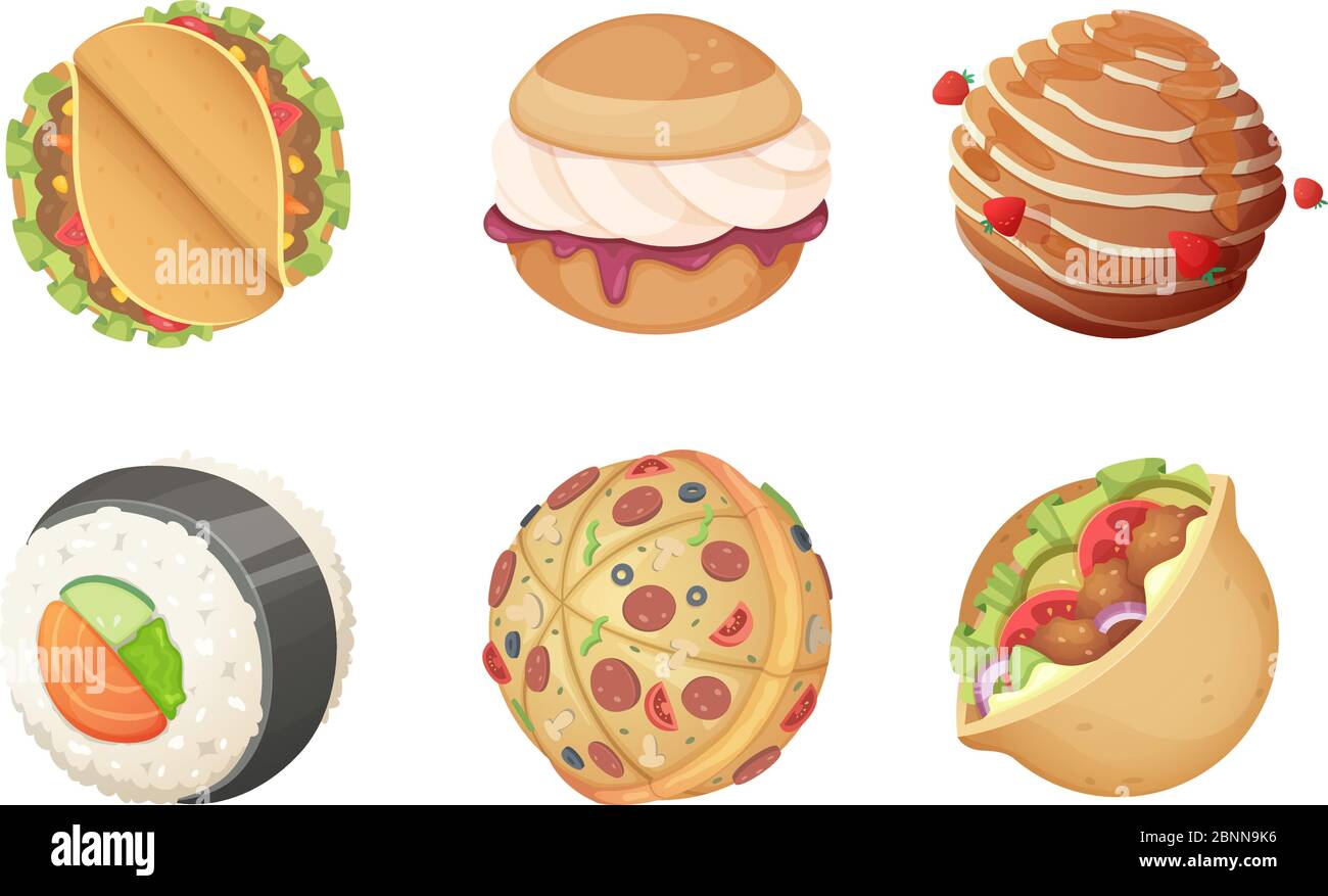 Planetas de alimentos espaciales. Juego de dibujos animados mundo de fantasía de dulces de dulces hamburguesas y pizza con comida y ensalada vectores divertidos Ilustración del Vector