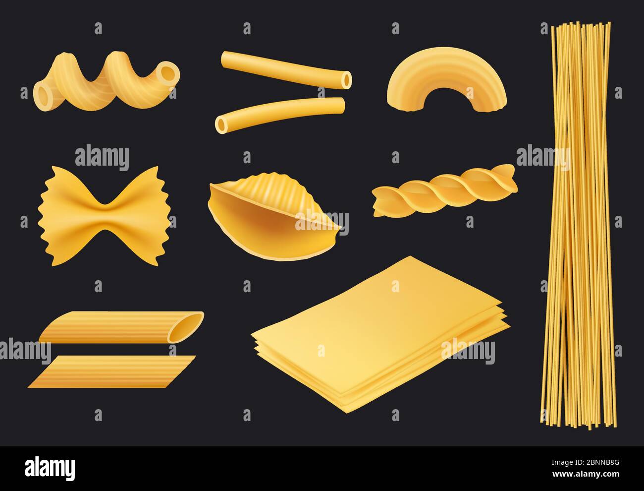 Pasta italiana icono realista. Comida tradicional espagueti macarroni fusilli cocinar ingredientes amarillos vector imágenes aisladas Ilustración del Vector