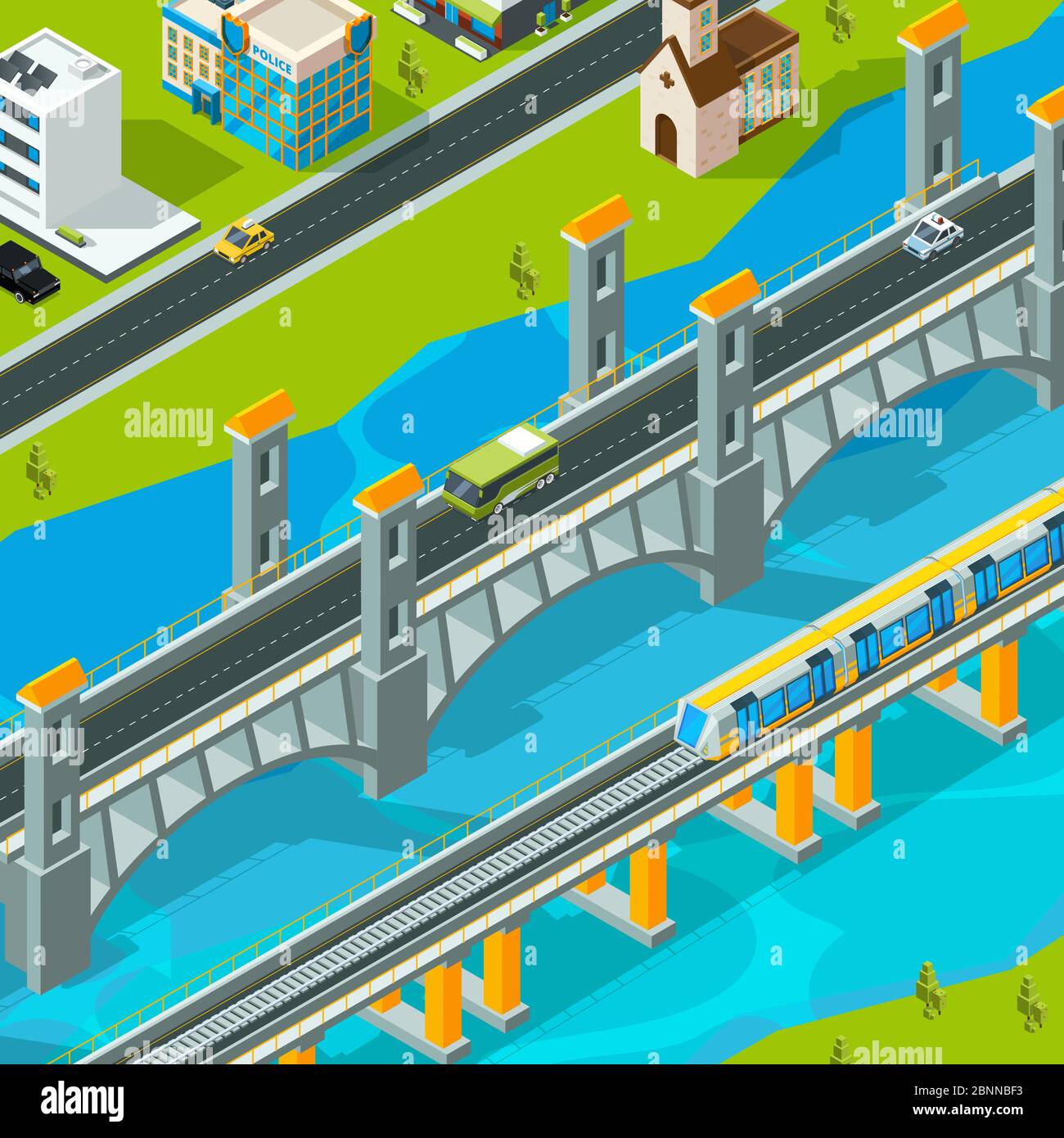 Paisaje del puente de la ciudad. Edificio puente peatonal carretera viaducto vector paisaje isométrico Ilustración del Vector