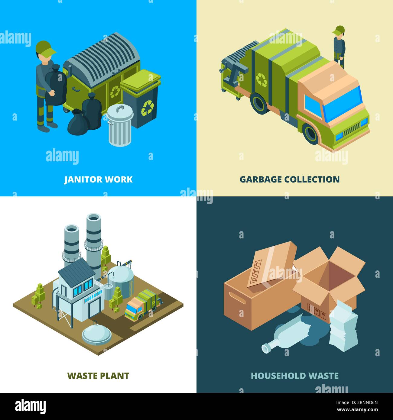 Concepto de alimentos de reciclaje. Eliminación de residuos de la ciudad servicios de eliminación de residuos camiones de limpieza vectores ilustraciones isométricas Ilustración del Vector