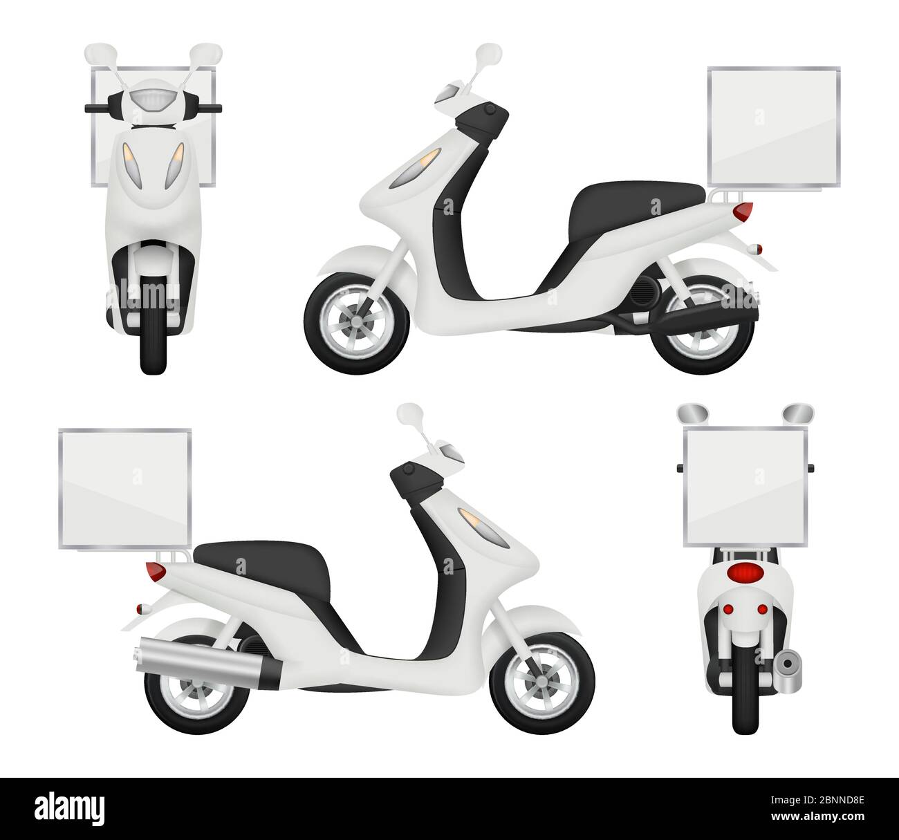 Moto moto realista. Vistas de scooter para el servicio de entrega auto  parte superior trasera vector 3d transporte aislado Imagen Vector de stock  - Alamy