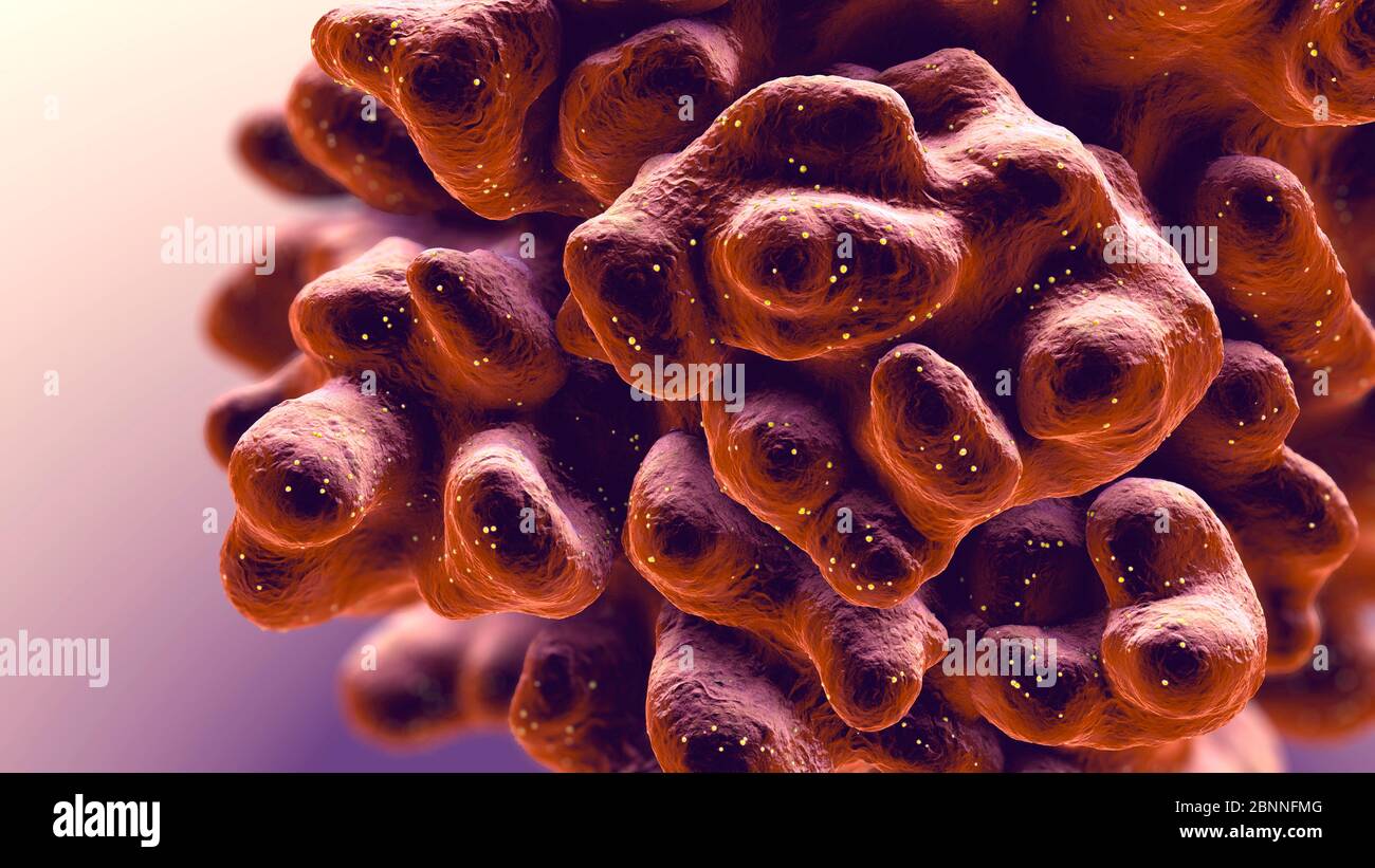 Célula infectada con partículas de virus que causan la muerte programada de una célula, ilustración 3d. Foto de stock