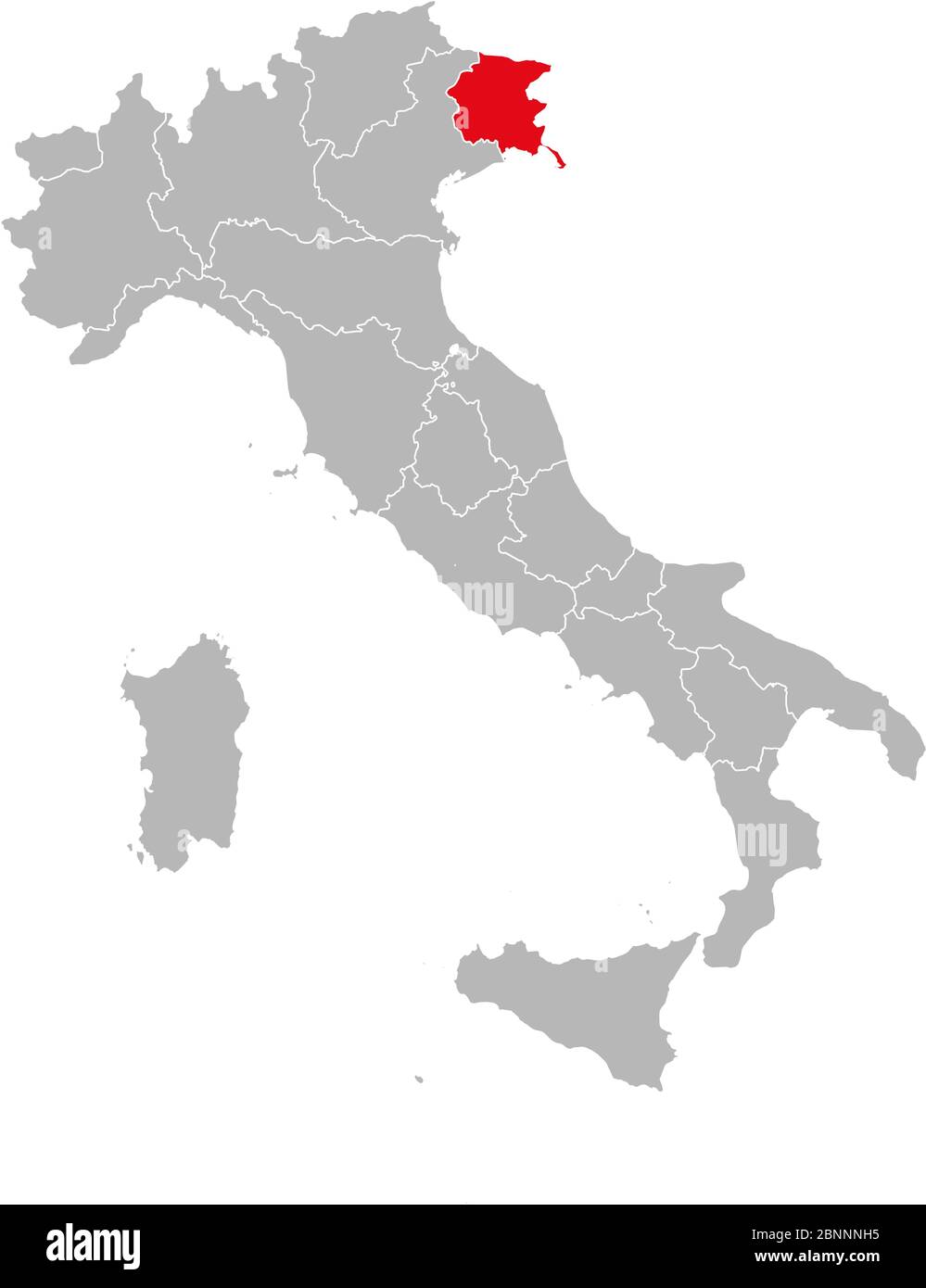 Friuli venecia julia marcada en rojo en el mapa de italia. Fondo gris. Mapa político italiano. Ilustración del Vector